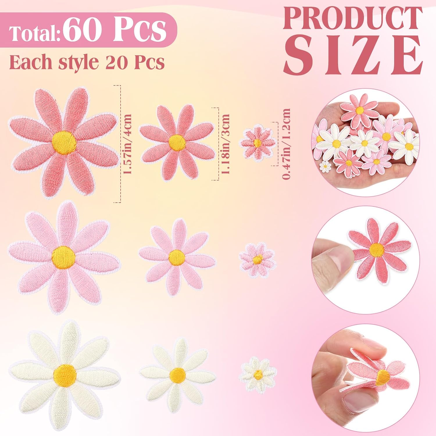 Lyrow 60 Pcs 3 Sizes Daisy Flower Iron on Patches Cute Colorful Flower Embroidered Sew on Applique Patches for Bags Hats Backpacks Shoes T-Shirt Clothes DIY Accessories(Beige, Light Pink, Pink)