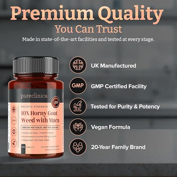 pureclinica Horny Goat Weed & Maca 1000mg 180 Tablets (6 Month Supply) 10X Icariins Strength w/Black Pepper for 300% Absorption Energy, Libido & Performance Support