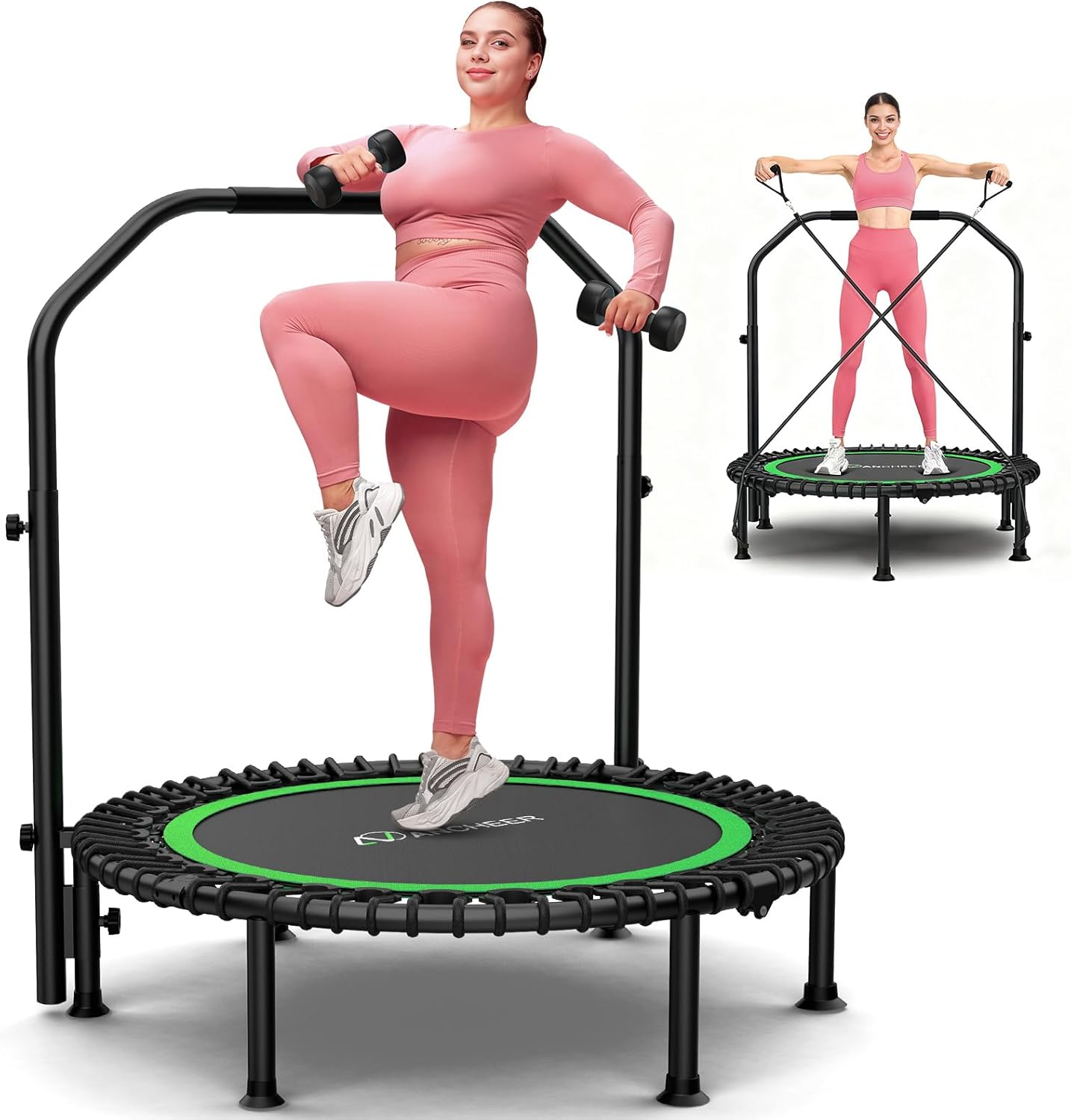ANCHEER 40"/48" Foldable Mini Trampoline,Max Load 450lbs/550lbs Indoor Trampoline,with 4 Level Adjustable Foam Handle and Resistance Bands,Adult Exercise Trampoline for Home, Garden, and Gym