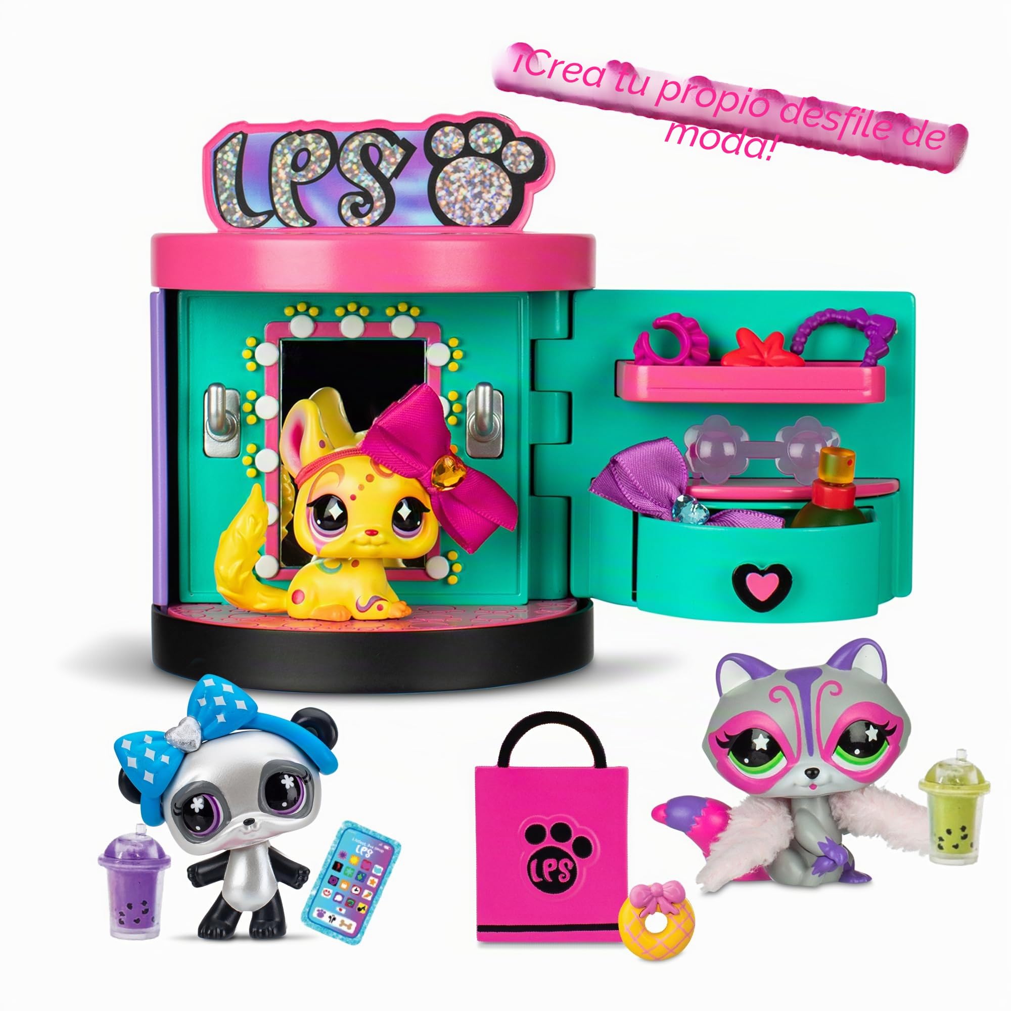 Littlest Pet Shop – Estuche Sweet and Style – Tienda 4 en 1 – Pack de 3 animales, 15 accesorios, 1 tarjeta, 1 código Roblox – Mini-Figurinas para animales coleccionables – Juguete infantil de 4 años y