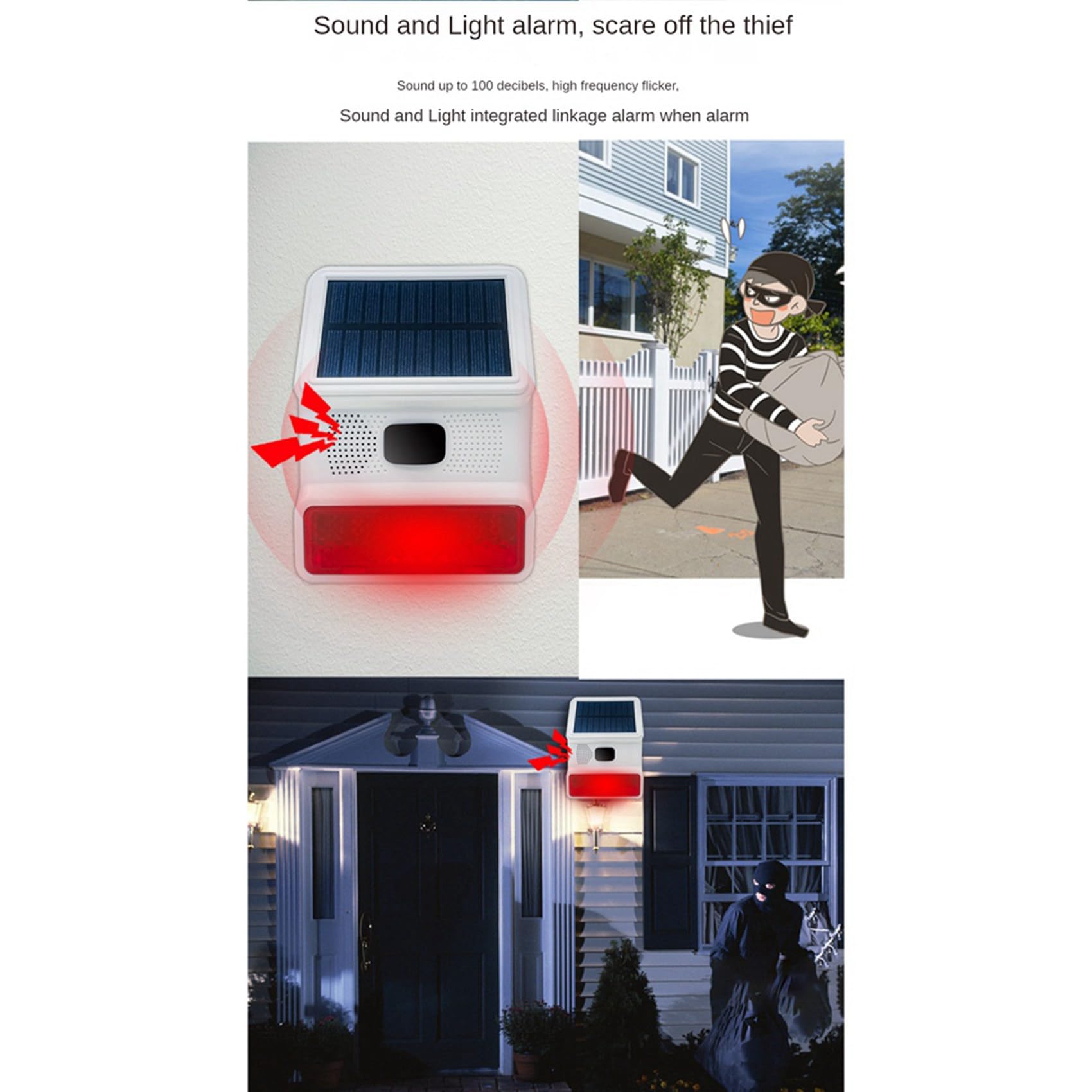 2X Alarma Estroboscópica Solar Inalámbrica, Luz con Sonido, Flash, Sirena de Alarma para Exteriores para de Alarma Wifi GSM de 433MHz para el Hogar y la Granja