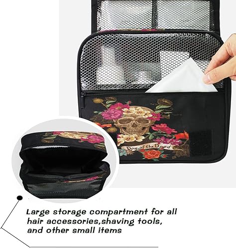 Miniatura 5 de Bolsa de aseo colgante, Día de los Muertos, calavera de azúcar, acuarela, hojas, palmeras, árbol, bolsa de maquillaje portátil, organizador de viaje