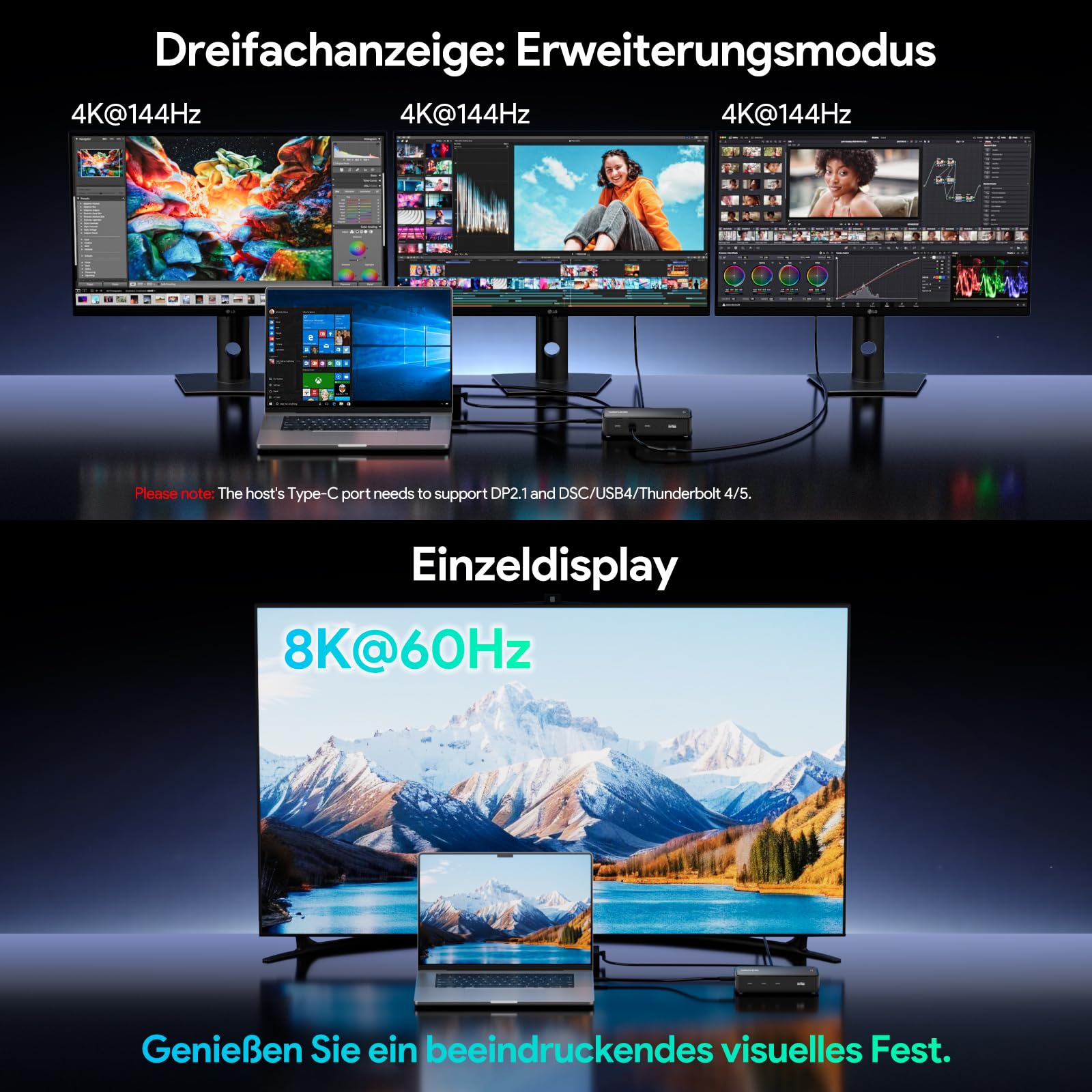 WAVLINK Estación de Acoplamiento USB4 para Trabajo Creativo Profesional, Pantalla 8K única / 4K Triple, PD 130W, USB4 40Gbps, USB-C 20Gbps, Carcasa SSD NVMe M.2 20Gbps con Ventilador refrigerante