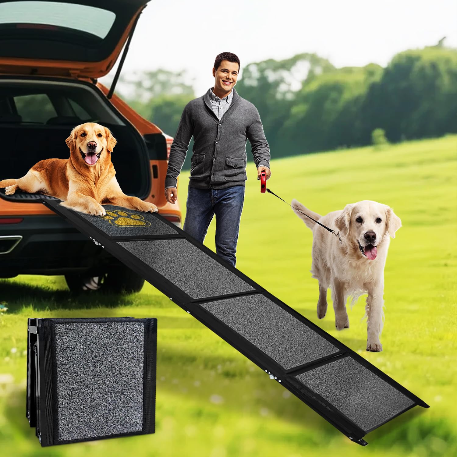 Rampa per Cani Auto Pieghevole 170 x 50 cm Grigio, con Superficie in Moquette Antiscivolo, Fino a 70 kg, Leggera in Alluminio per Animali Domestici, per Auto, Camion, SUV e Scale Esterne