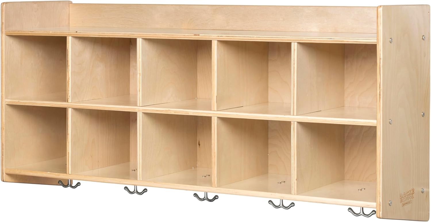 10-Section Wall Mount Coat Locker with Shelf, Hanging Organizer, Natural
