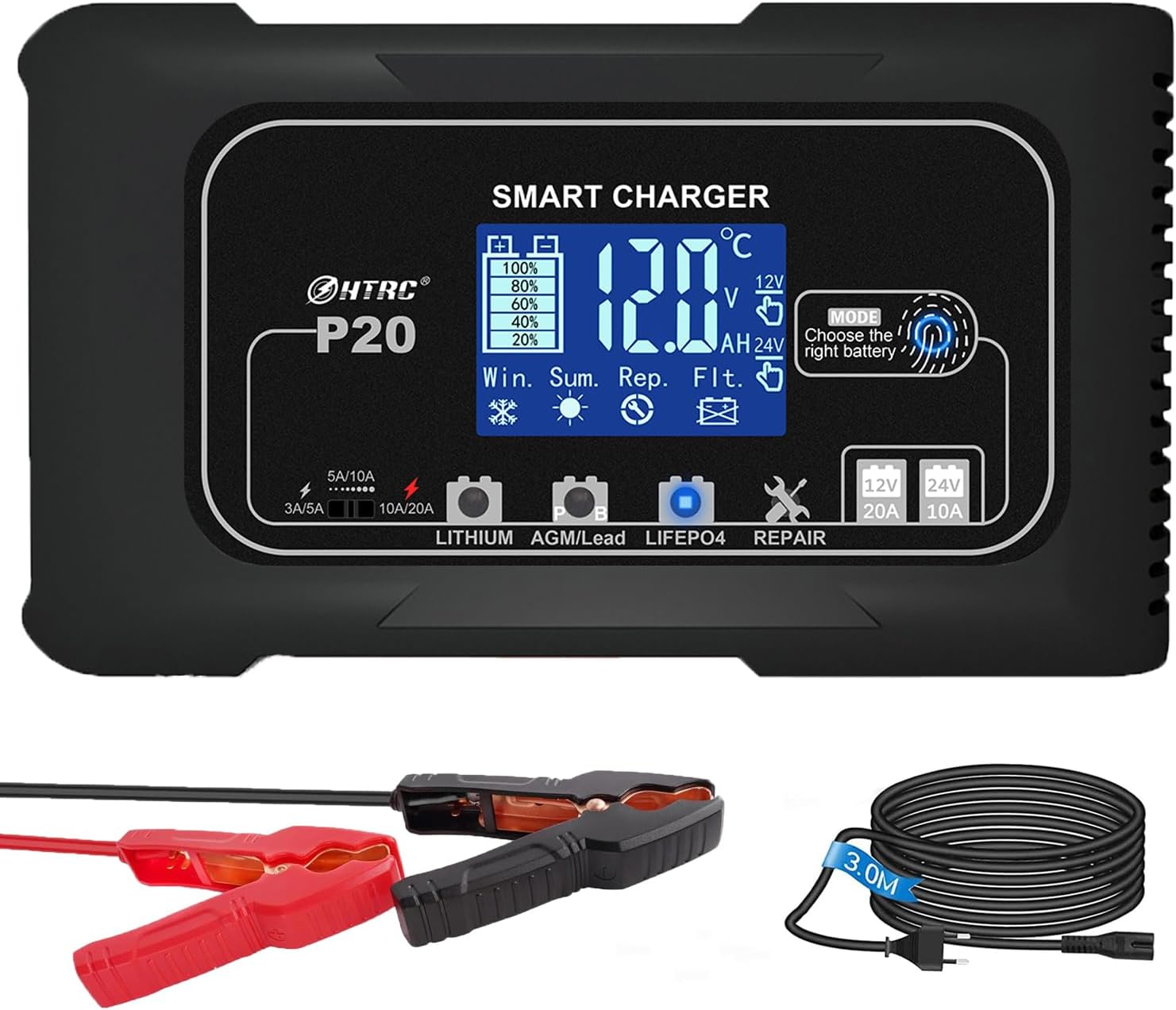 SolaMr 20A Car Battery Charger, 12V and 24V Intelligent Fully Automatic Battery Maintainer with Pulse Reconditioning for Trucks, Motorcycles, Marine Lithium and Lead Acid Batteries - P20