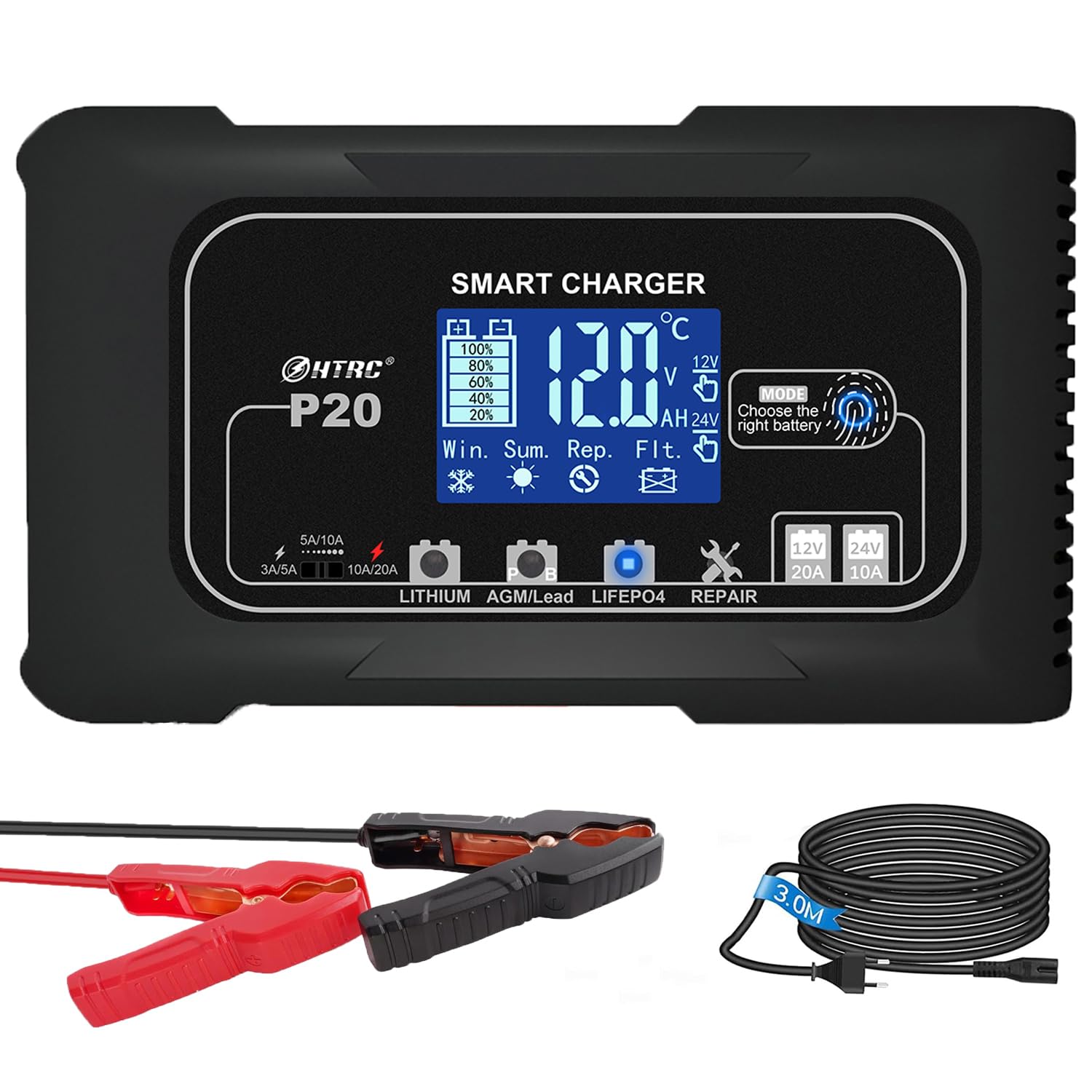 SolaMr 20A Car Battery Charger, 12V and 24V Intelligent Fully Automatic Battery Maintainer with Pulse Reconditioning for Trucks, Motorcycles, Marine Lithium and Lead Acid Batteries - P20