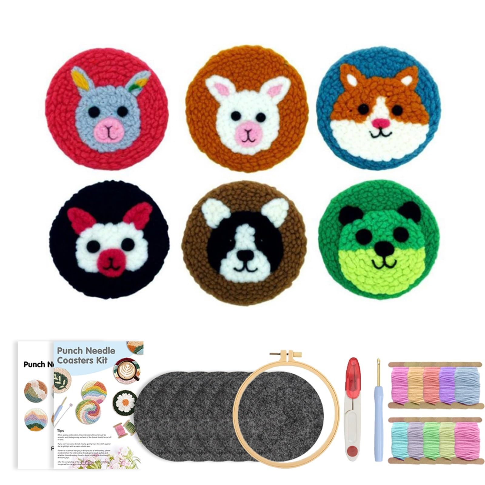 1set Colorful Animal Punch Needle Embroidery Kit With Coasters Mixed Colors For Beginners for DIY(Color2)