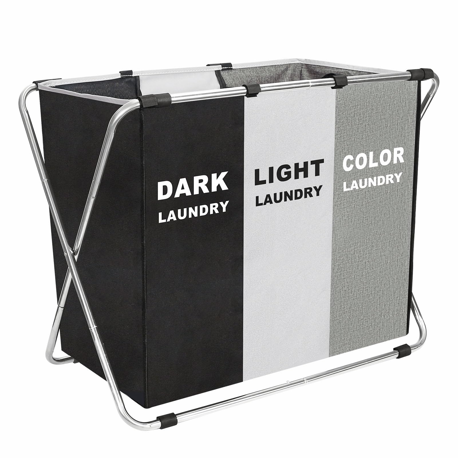 Laundry Cloth Hamper Sorter Basket Bin Foldable 3 Sections with stainless steel Frame Washing Storage Dirty Clothes Bag for Bathroom Bedroom Home Storage Basket (Black+light+dark, 3 Sections)
