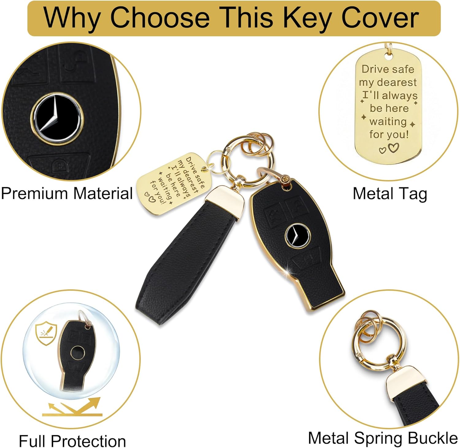 Soft TPU & Leather Key Fob Cover Compatible with Mercedes Benz AMG C E,C E R G S Series,CL GLK ML GL, with Keychain & Metal Blessing Tag (3 Button Black) - Image 3