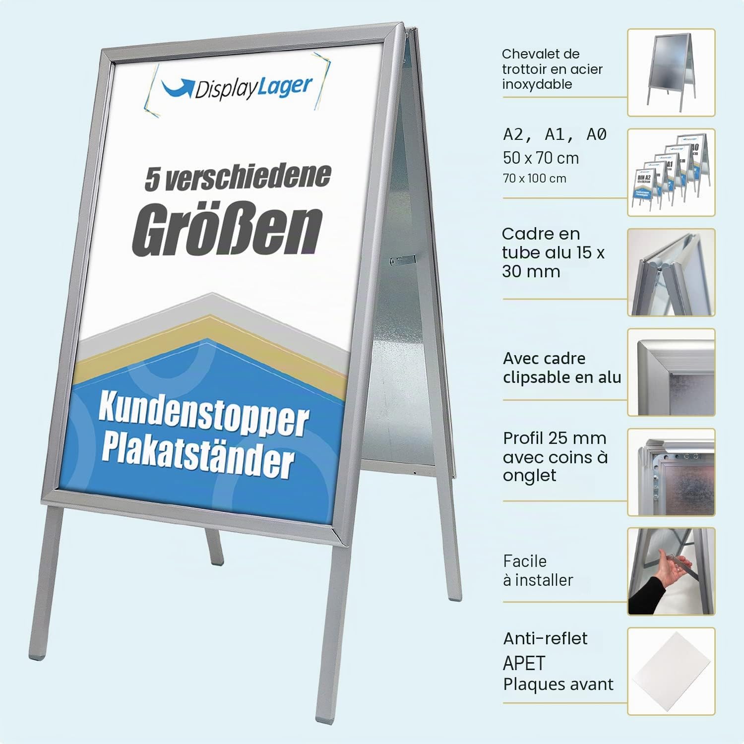 DisplayLager - A1 Porte-Affiche Noir Model Alu Line, 2x panneaux avant avec antireflet (APET), bilatéral/doubl face, résistant aux intempéries, pied en robuste/Poster pour porte