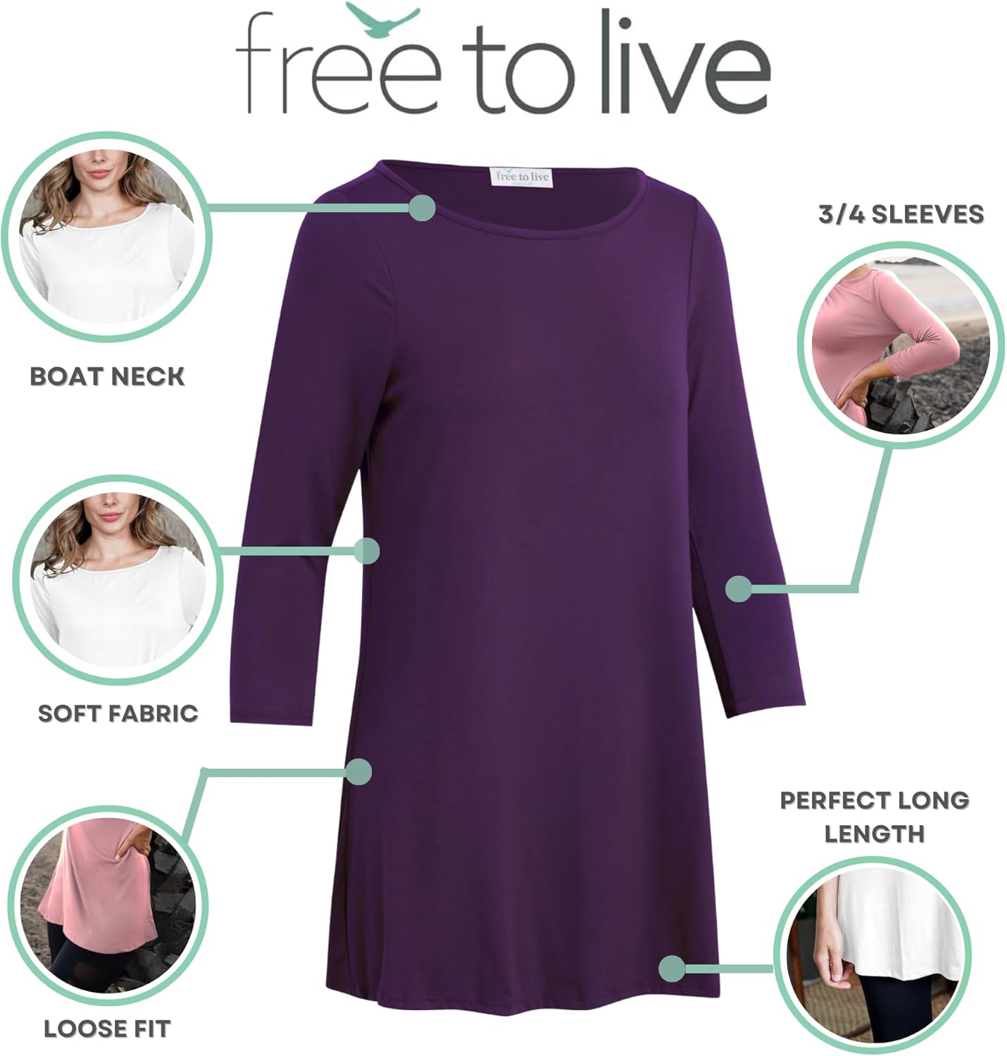 Free to Live 3 Pack 3/4 Sleeve Tunic Tops for Women Casual Long Shirts Loose Fit Dressy to Wear with Leggings Travel Clothes - Image 4