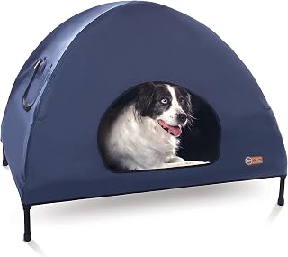 K&H Pet Cot House Large Outdoor Elevated Dog Bed with Canopy, Mesh Center, Roll-Up Windows - 42x30in Blue
