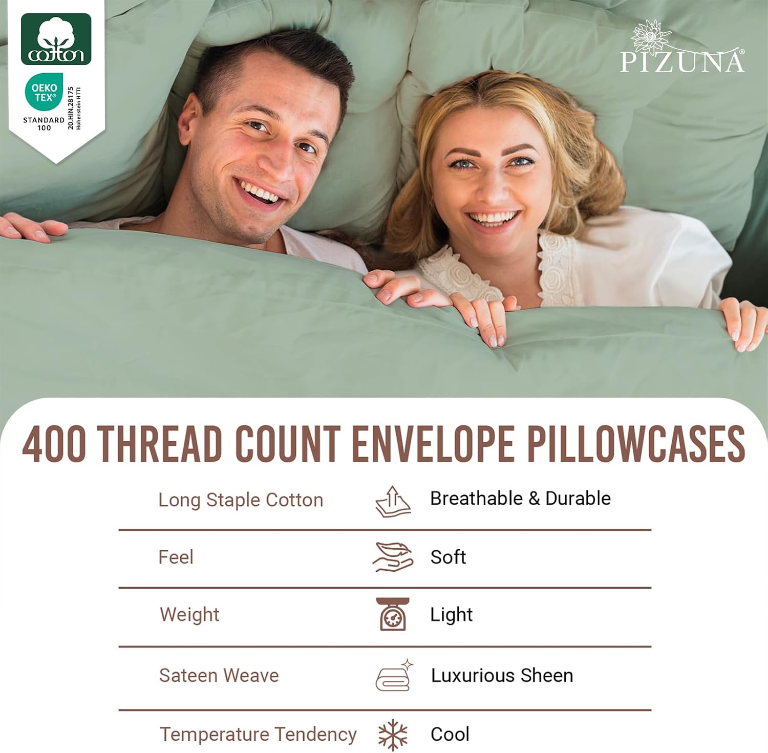 Pizuna 100% Cotton Standard Size Envelope Pillowcases 400 TC Sea Foam image 4