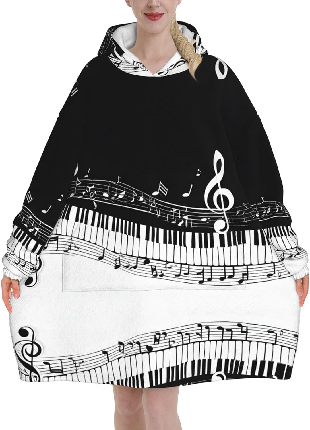 Black White Music Note Print Blanket Hoodie Fleece Sweatshirt Blanket With Sleeves And Pockets