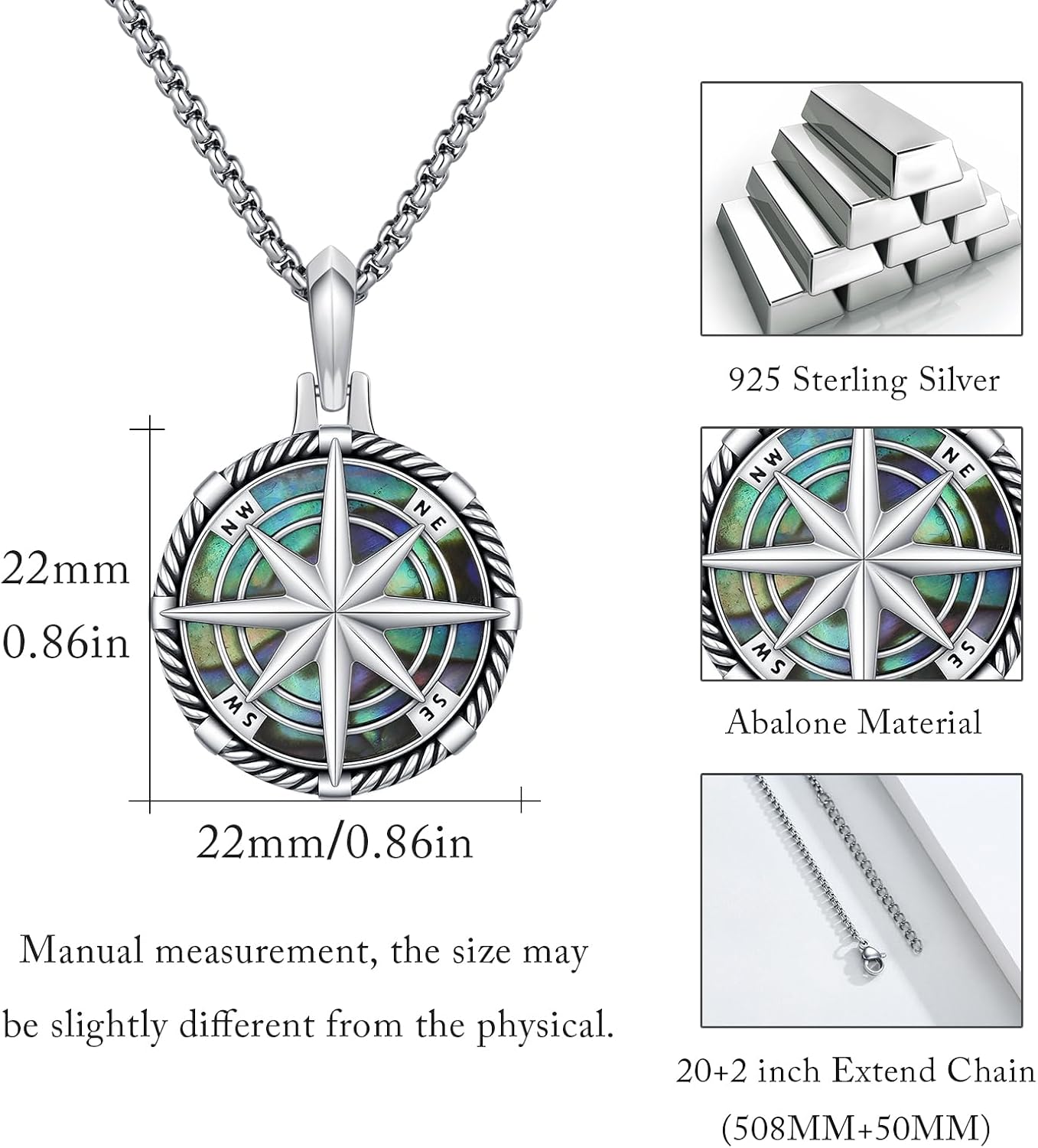Compass Necklace 925 Sterling Silver Locket Compass Pendant Custom Locket Necklace with Photo Mens Pendant Picture Photo Jewelry for Men Women