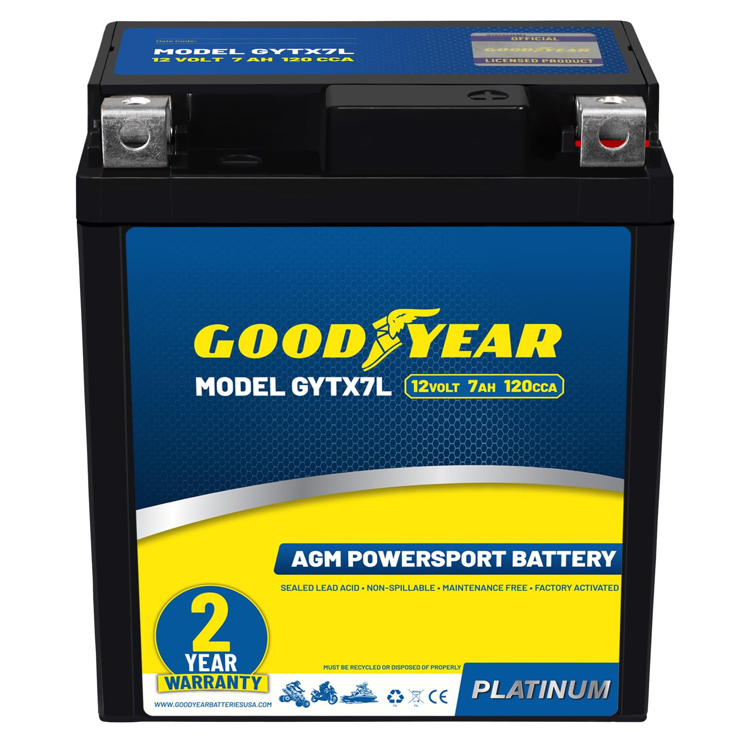 Goodyear GYTX7L - 12 Volt 7 AH, 120 CCA, Rechargeable High-Performance, Maintenance Free, SLA - AGM Battery for Motorcycle, ATV, UTV, 4-Wheeler,