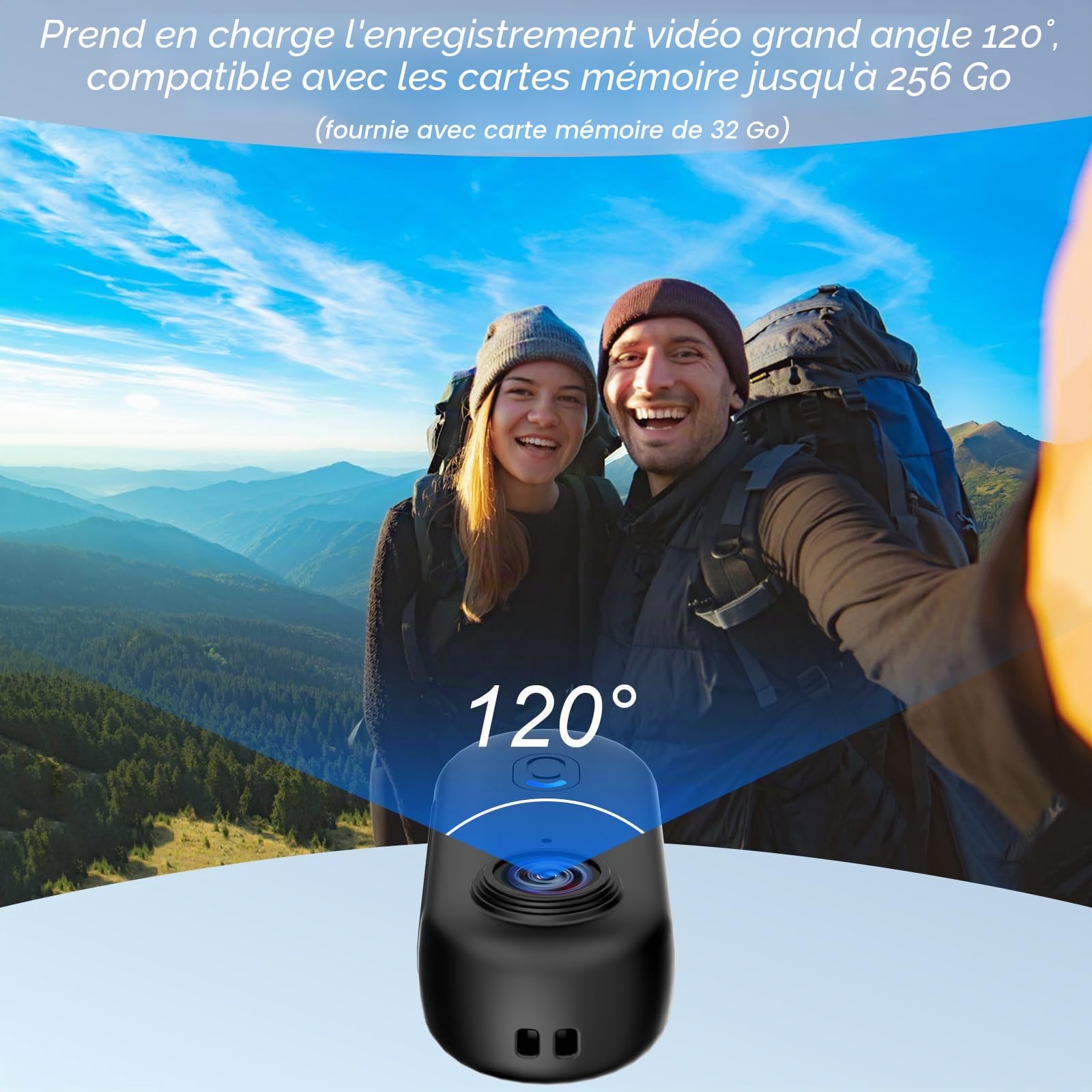 Action Cam WiFi, 1080P Mini Caméra Sport avec 32 Go, Caméra 360°, Vidéo Vélo/Moto Casque, Accessoires Varis pour Voyages/Outdoor/Animaux