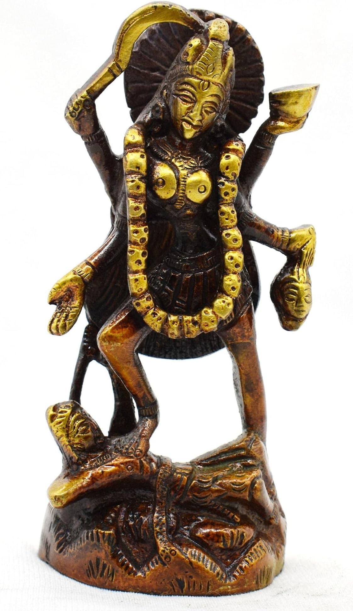 Kali Spiritual Goddess Kali Mata on Shiva Hindu Statue Shiv Brass Handmade Statue Sacred Multi Hand Weapon 4.5"Durga Bronze Brass