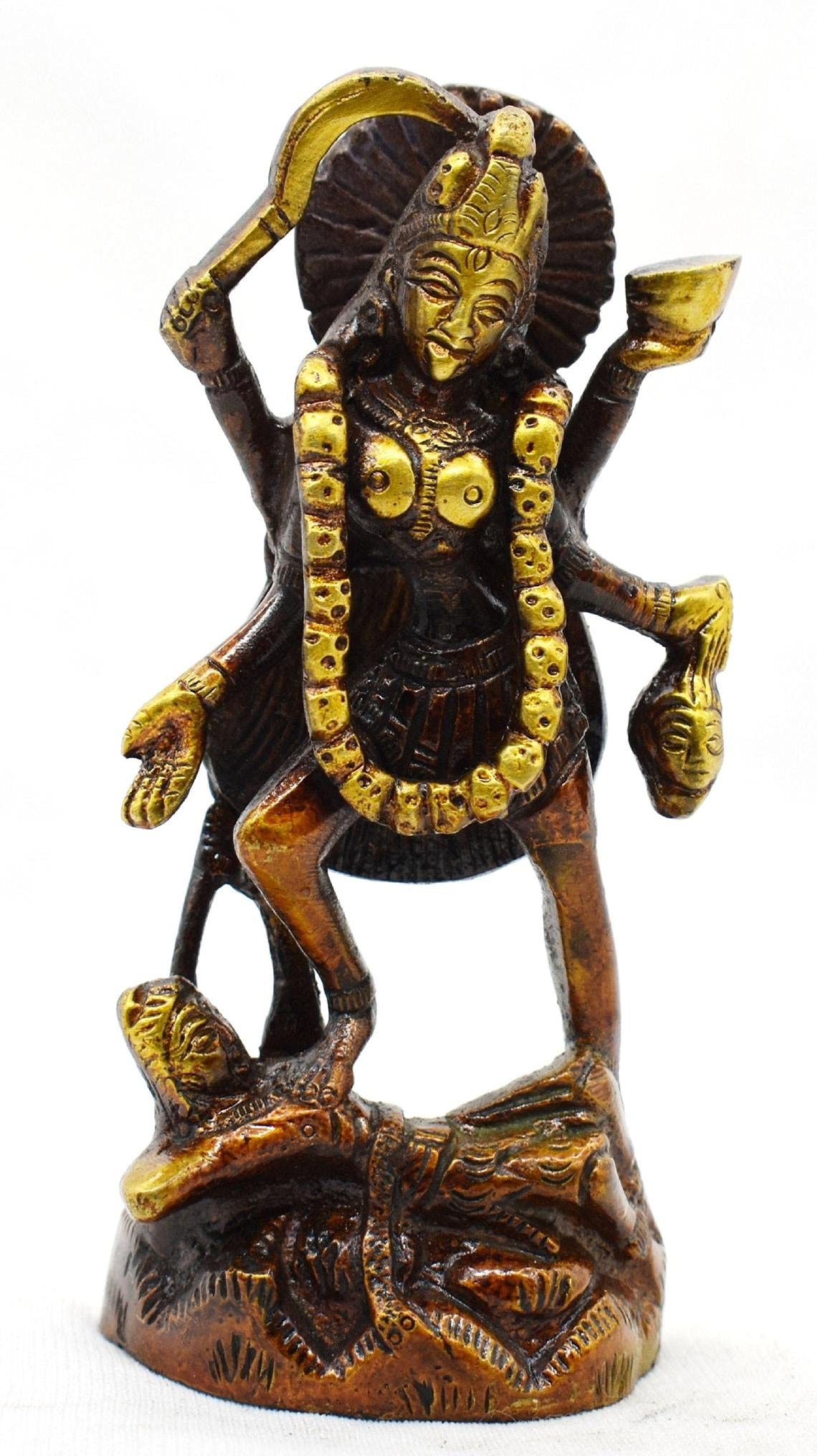Kali Spiritual Goddess Kali Mata on Shiva Hindu Statue Shiv Brass Handmade Statue Sacred Multi Hand Weapon 4.5"Durga Bronze Brass
