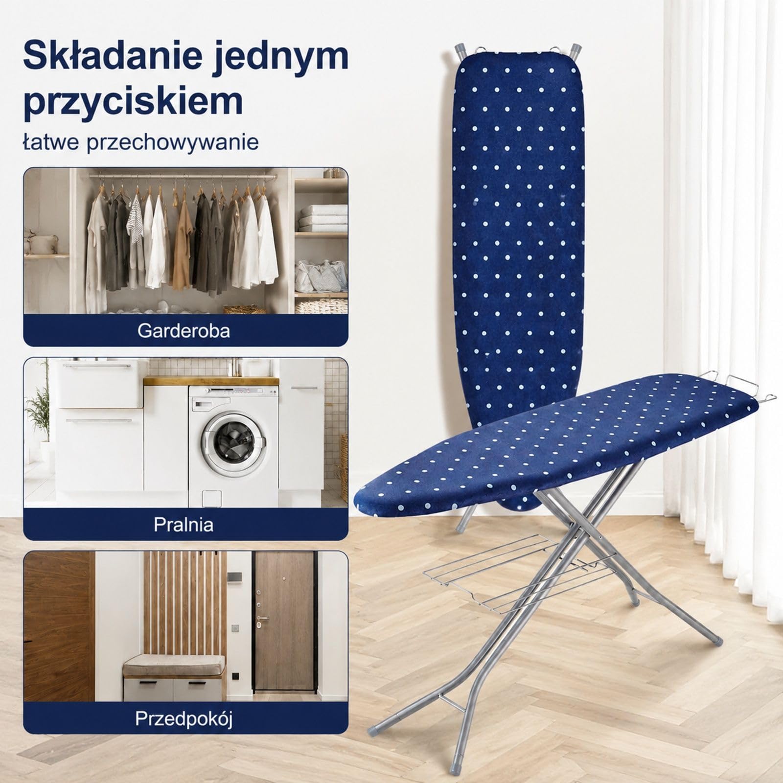 Składana deska do prasowania z podstawką na żelazko i półką, niebieski model z pokrowcem, regulowana wysokość, 4-warstwowa konstrukcja do domu i pralni