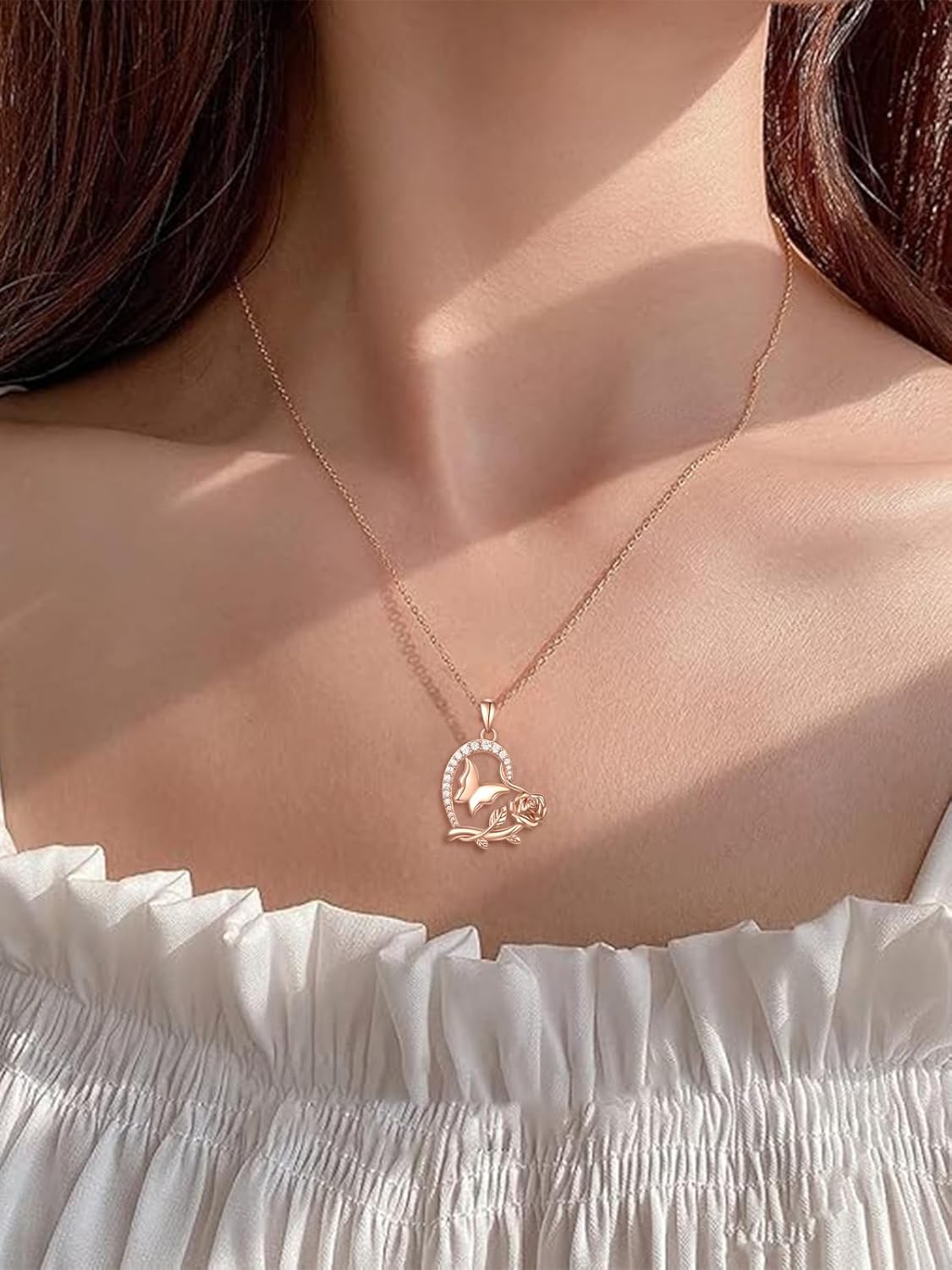 Rose Flower Necklace Butterfly Heart Rose Gold Pendant Necklace Birthday Jewelry Christmas Gifts for Her Wife Mom Girlfriend - Image 4