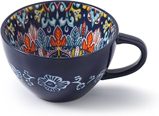 Large Coffee Mug, 15 oz Boho Coffee Mug Ceramic with Handle, Porcelain Tea Cup, Coffee Cup for Cappuccino and Latte, Microwave & Dishwasher Safe, Ideal Gift for Family/Friend (Dark Blue)