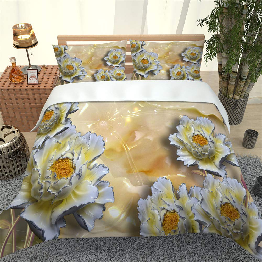 Housse de couette 3D fleurs jaunes 220x240 cm Chickw1 avec 2 taies d'oreiller