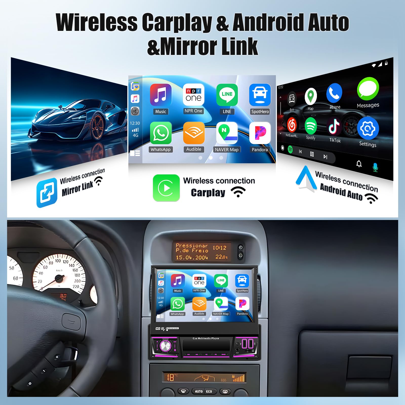 OiLiehu 4G+64G Android 13 Autoradio 1 Din avec CarPlay Android Auto sans Fil, 7“ Rétractable Manuellement Écran Tactile avec GPS WiFi Lien Miroir Bluetooth FM/RDS EQ USB AUX TF SWC Caméra Arrière