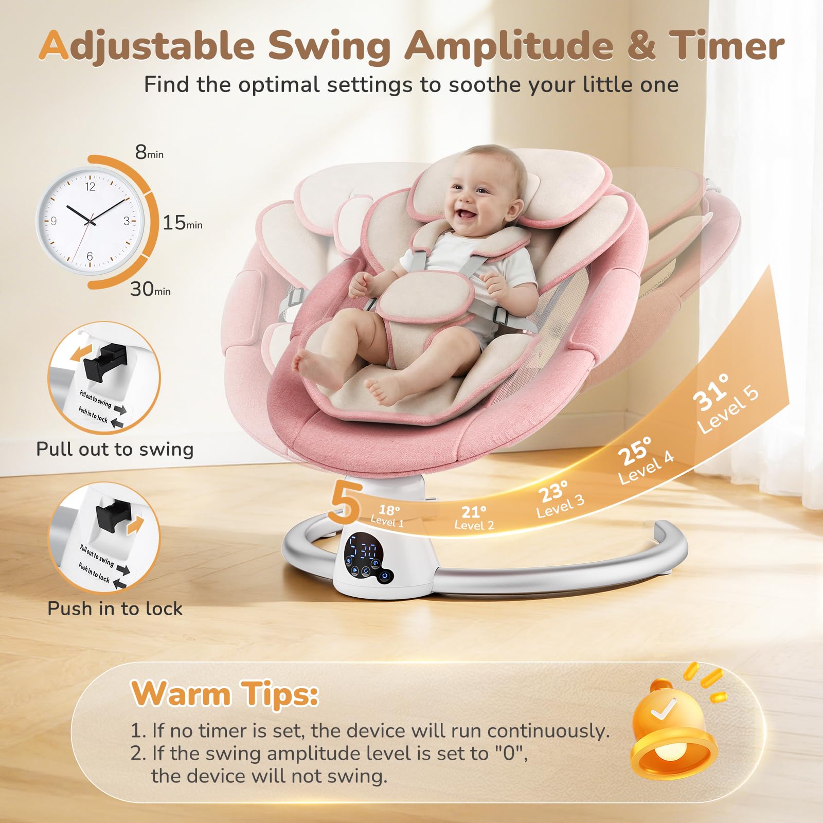 Transat Bébé Électrique avec Dossier Réglable sur 2 Niveaux – Application et Télécommande Balançoire Électrique pour Bébé, 12 Sons et Prise en Charge Bluetooth, 2 Options D'alimentation (Rosa)