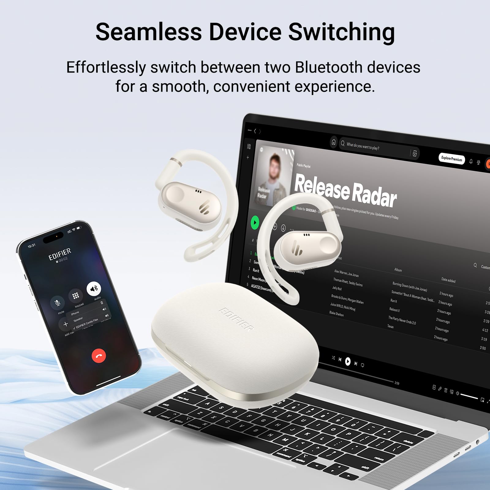 Edifier Cuffie senza fili con auricolari aperti, auricolari con audio ad alta risoluzione 40 ore di riproduzione, IP55 antipolvere e impermeabile, Bluetooth 5.4, ganci ergonomici leggeri