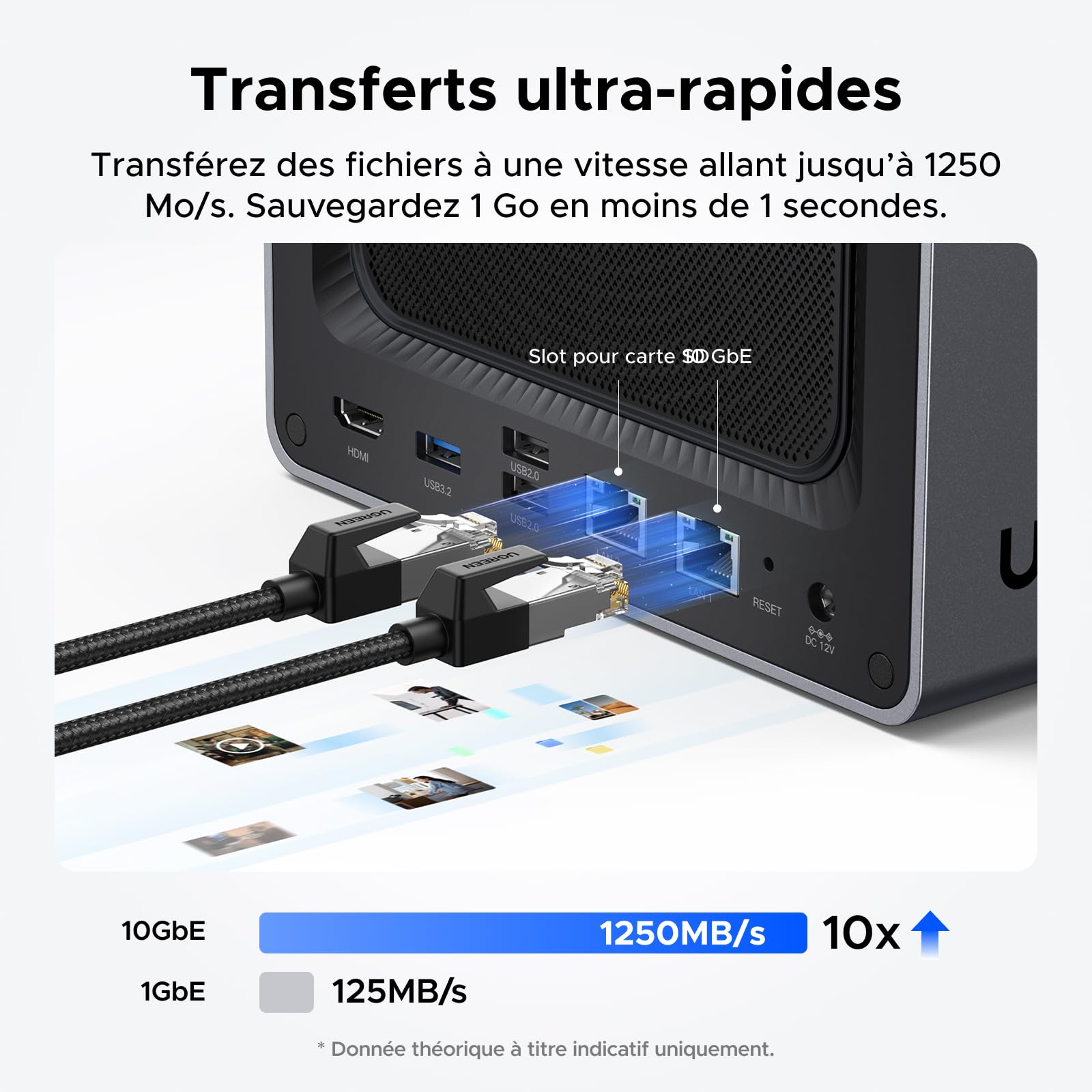 UGREEN NASync DXP4800 Plus, NAS 4 Baies, Intel Pentium Gold 8505 (5 cœurs), 8Go DDR5, 128Go SSD, 10GbE + 2,5GbE, 2 emplacements M.2 NVMe, HDMI 4K (sans Disque)