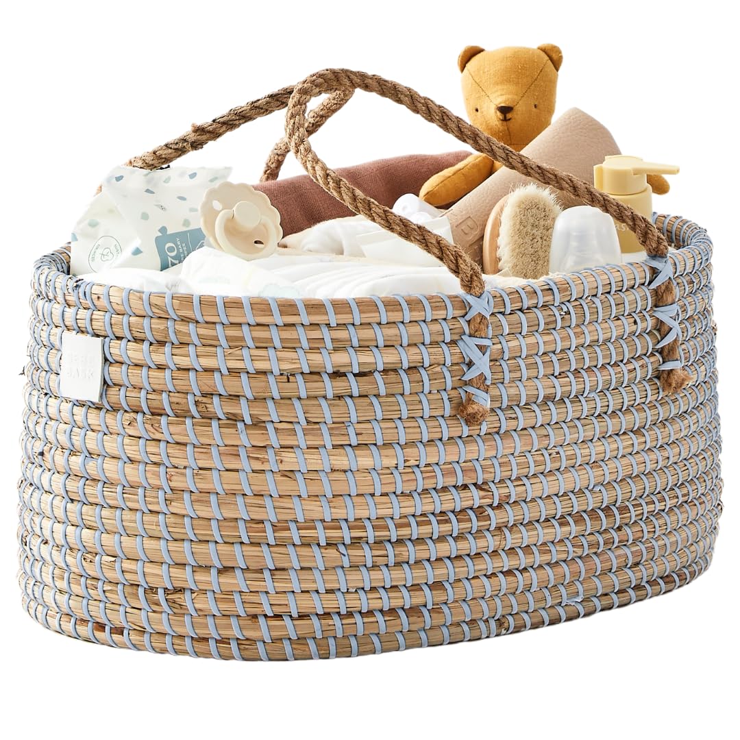 BEBE BASK Baby Diaper Caddy Organizer - Handmade Organic Seagrass - Luxury Blue Diaper Caddy Basket - Diaper Caddy Light Blue -Diaper Caddy For Baby Boy (Dove)