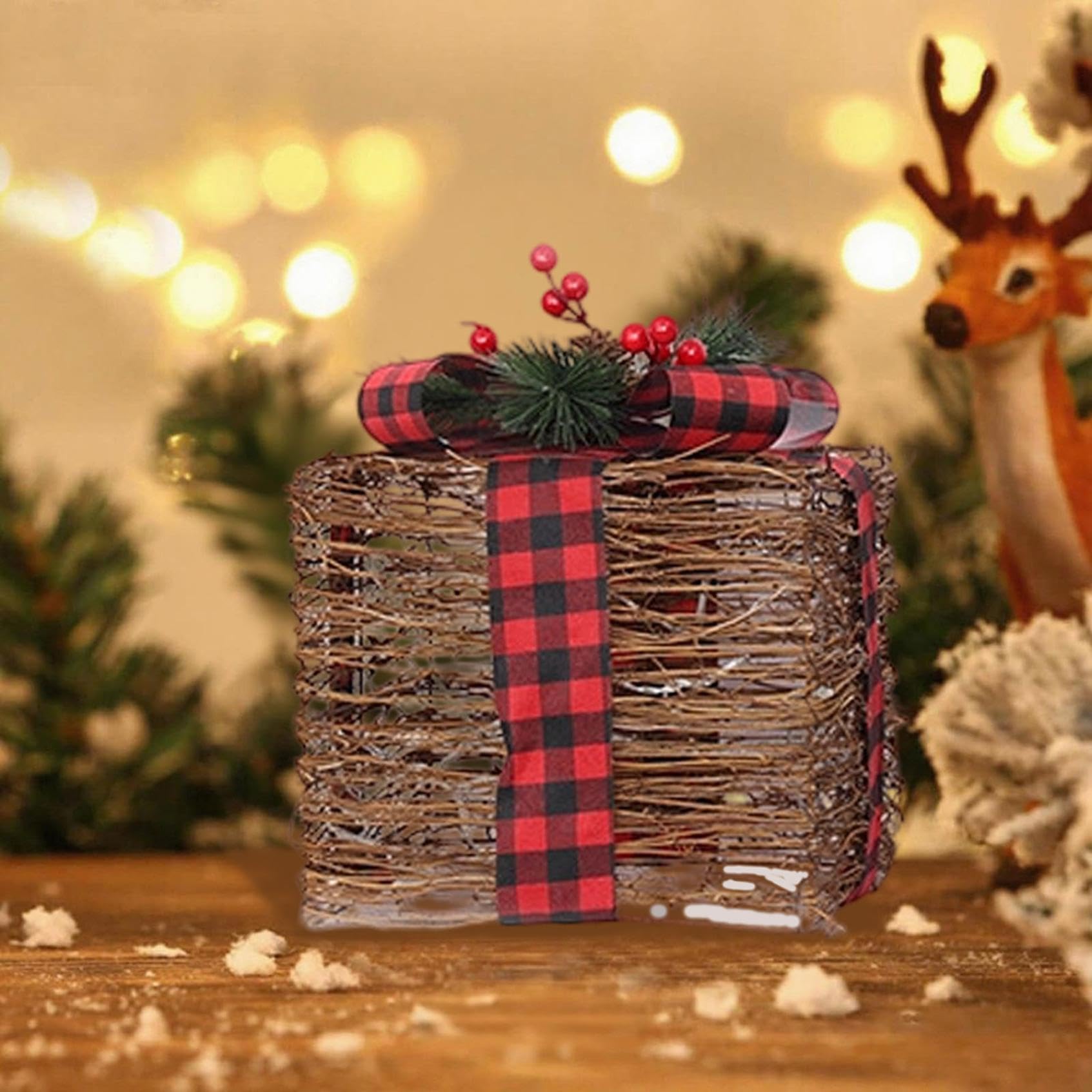Scatole regalo natalizie illuminate con nastro rosso, materiale metallico affidabile, set di 3 scatole regalo illuminate, LED giallo caldo con fiocchi, per albero di Natale interno, cortile