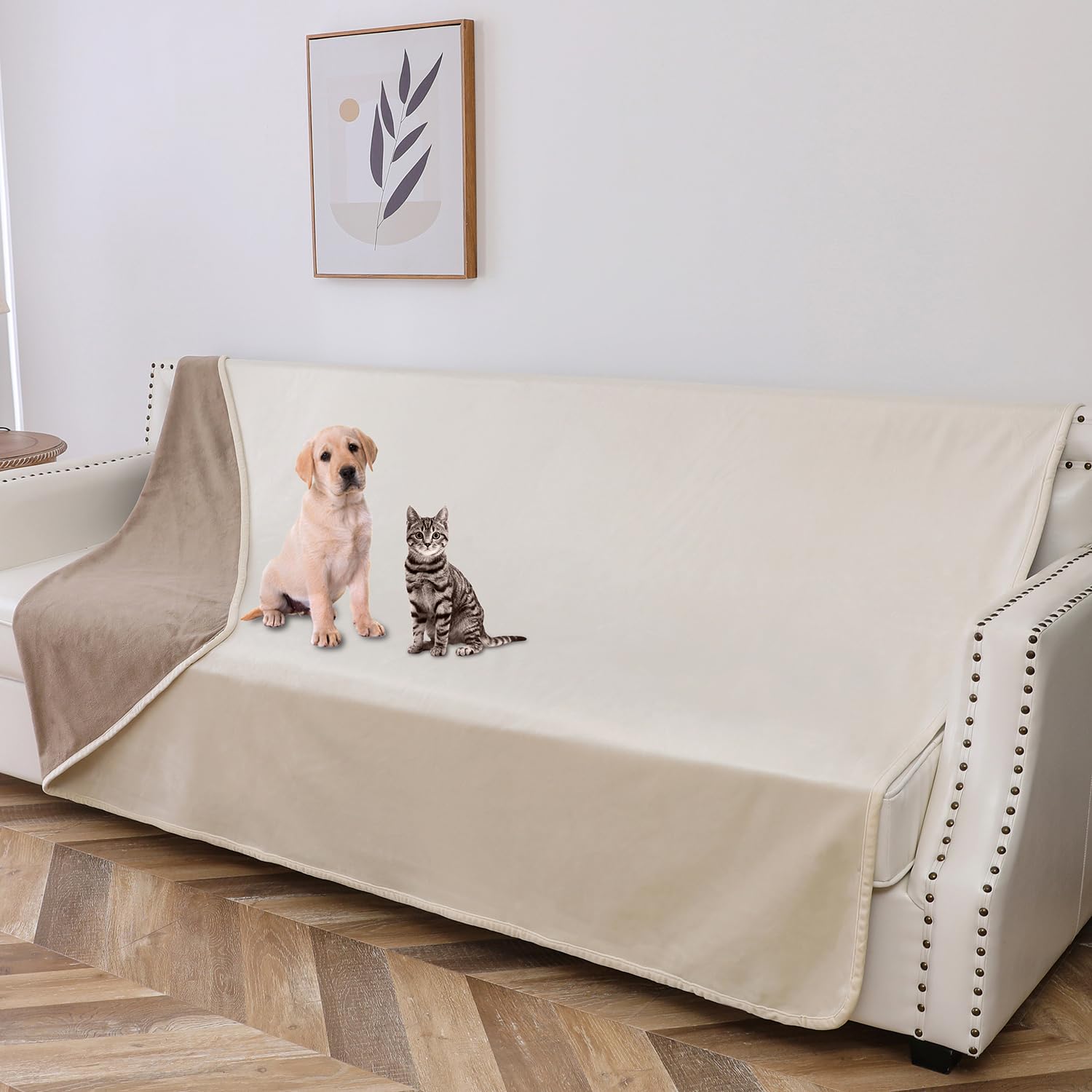 Tuffeel 100% Waterproof Dog Blanket,68x82 inches Soft Leak Proof Pet Couch Throw for Sofa, Bed Furniture Protector Covers from Dogs Puppys Washable-Beige+Khaki