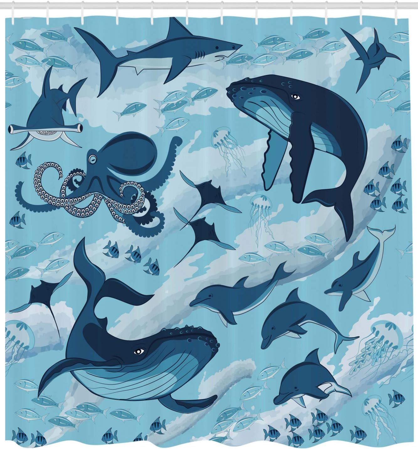 Ambesonne Shark Shower Curtain, Inhabitants of Ocean Mammals Whales Dolphins Octopus Jellyfish Starfish Waves Image, Cloth Fabric Bathroom Decor Set with Hooks, 69" W x 70" L, Blue