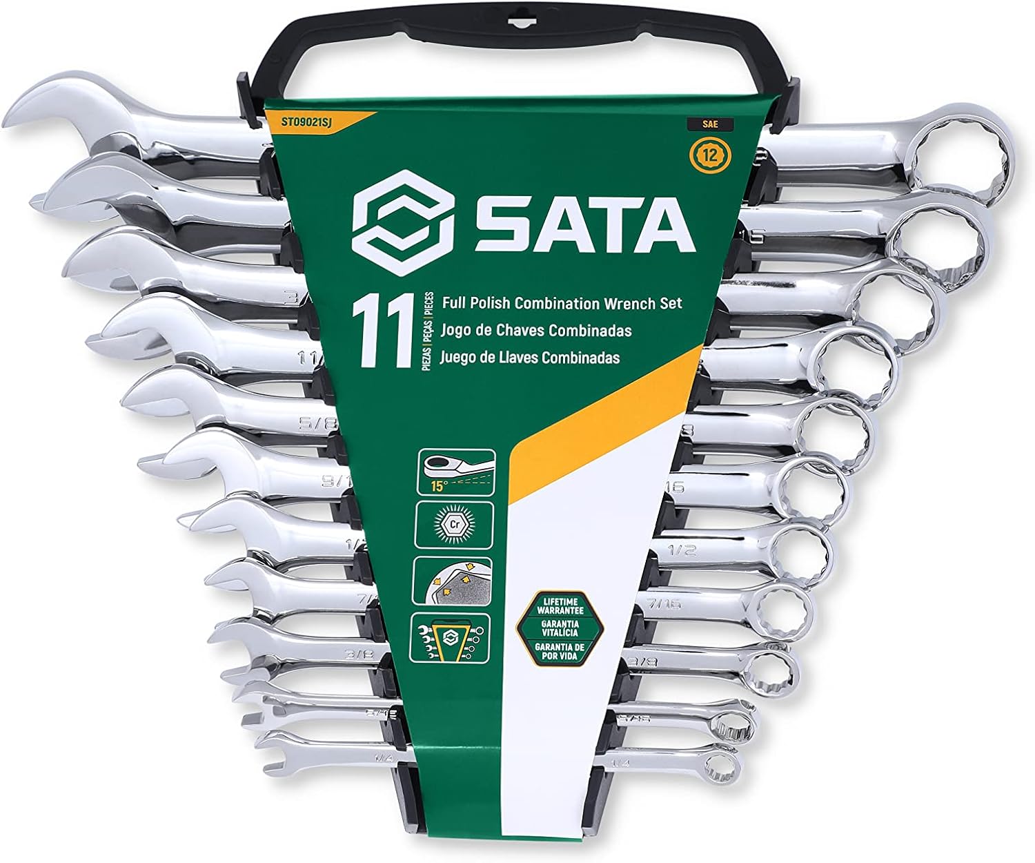 SATA - ST09021SJ - Juego de llaves inglesas combinadas SAE, con exhibidor, totalmente de cromo pulido, de 14 a 78 pulgadas.