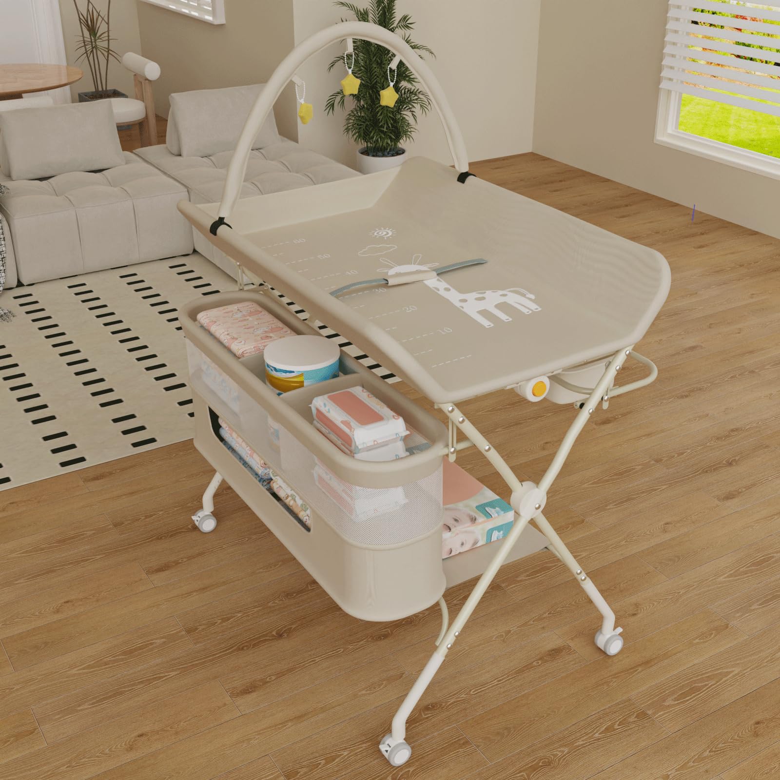 HUOLE Wickelstation mit Seitenkorb, höhenverstellbarer tragbarer Wickeltisch mit feststellbaren Rädern, multifunktionaler Aufbewahrungs-Organizer fürs Kinderzimmer,75 x 68 x 83–91 cm (B) Cremeweiß