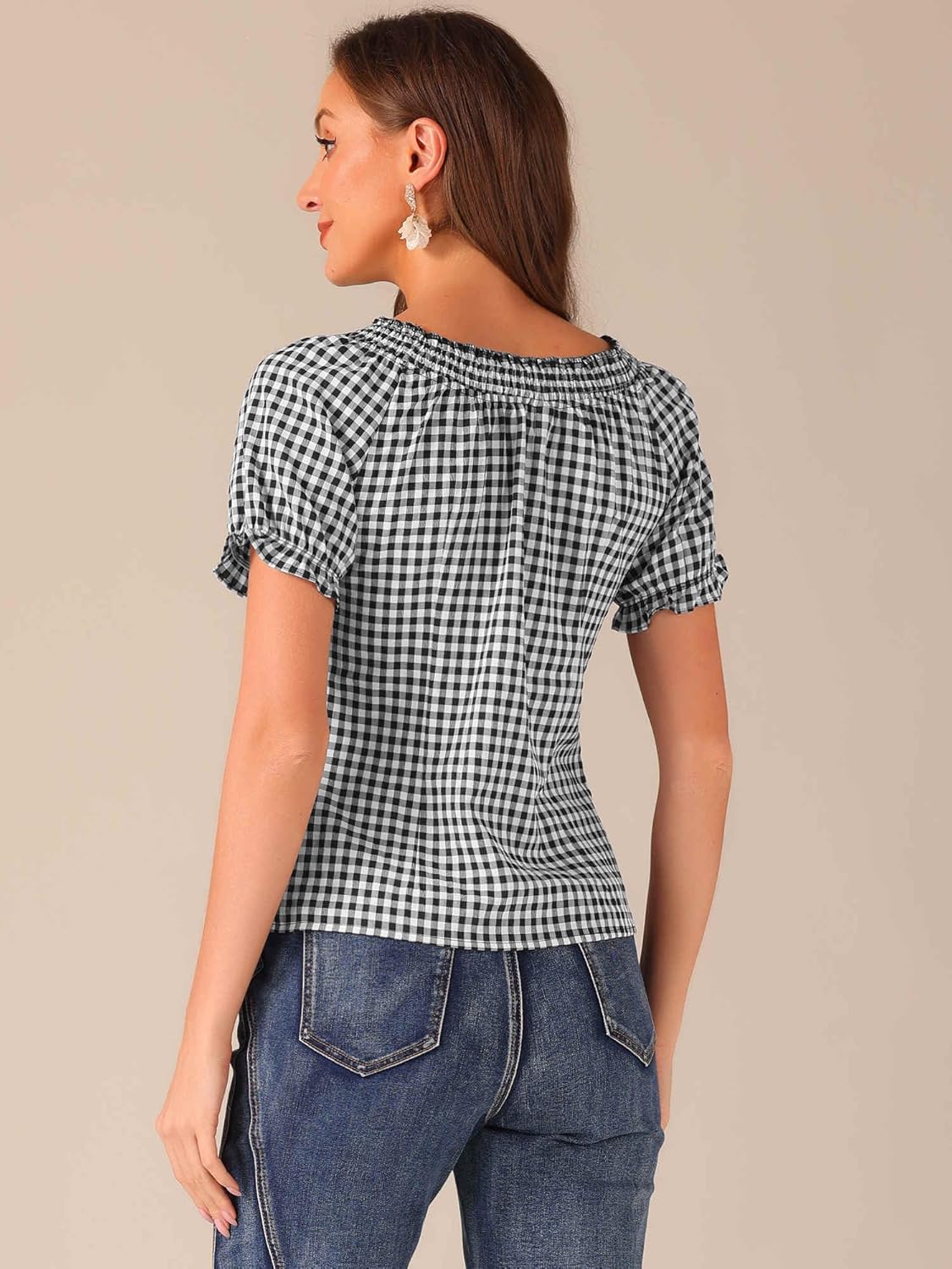 Allegra K Summer Gingham Tops for Women's Plaid Peasant Round Neck Ruffles Cute Puff Sleeve Tops - Image 2