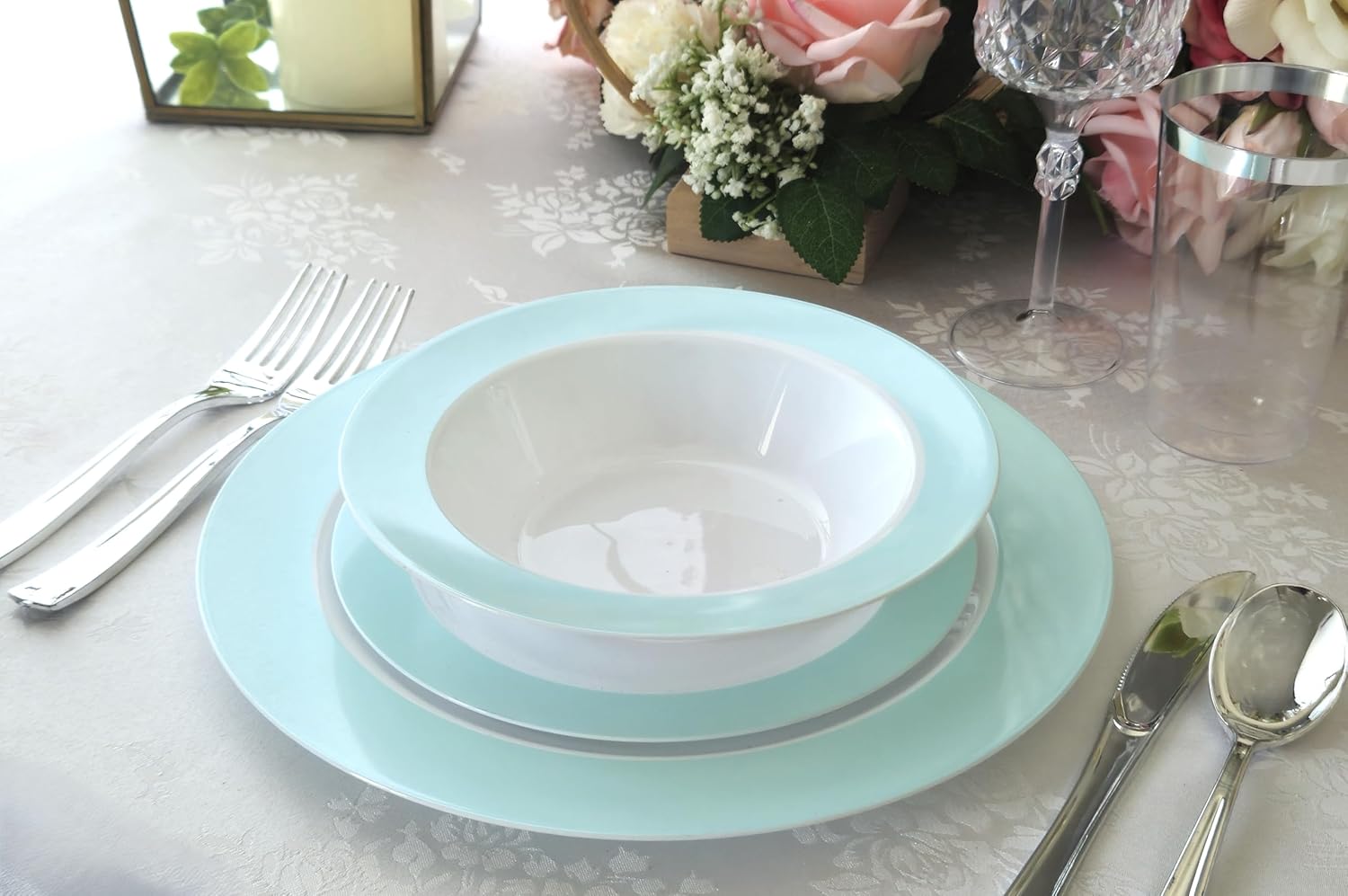 " OCCASIONS " 100 Plates Pack,(50 Guests) Heavyweight Wedding Party Disposable Plastic Plates -50x10.25'' Dinner+50 x 7.5'' Salad/Dessert (Rio Collection White & Turquoise blue)