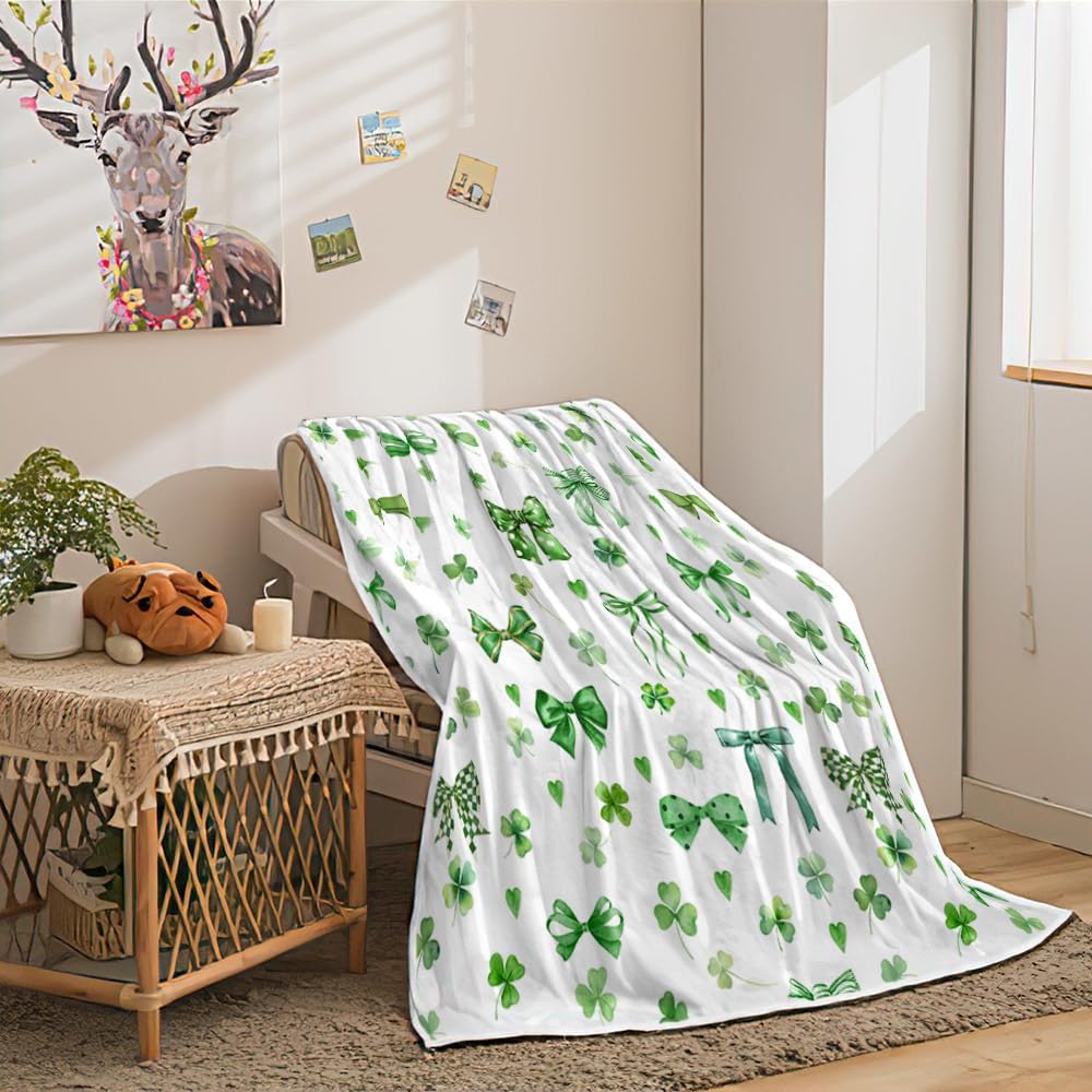 St Patricks Day Bow Throw Blanket, Spring Green Irish Lucky Clover Shamrock Blankets and Throws, Spring St. Patrick's Holiday Soft Cozy Blanket Decor for Bed Couch Living Room and Sofa, 60X90IN