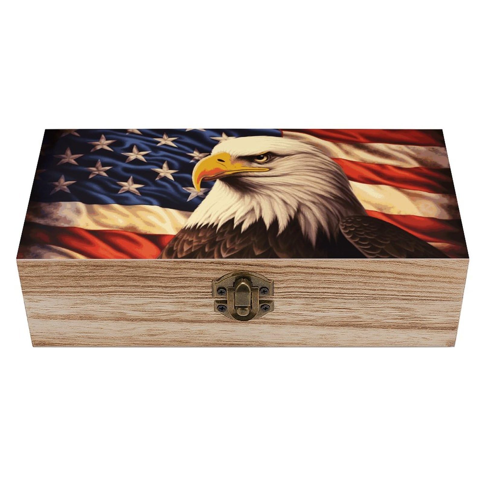 Oudrspo Flag And Eagle Wooden Keepsake Box Decorative Memory Storage Box with Hinged Lid Small Jewelry Keepsake Boxes for Storing Gift Pictures Letters Time Capsule