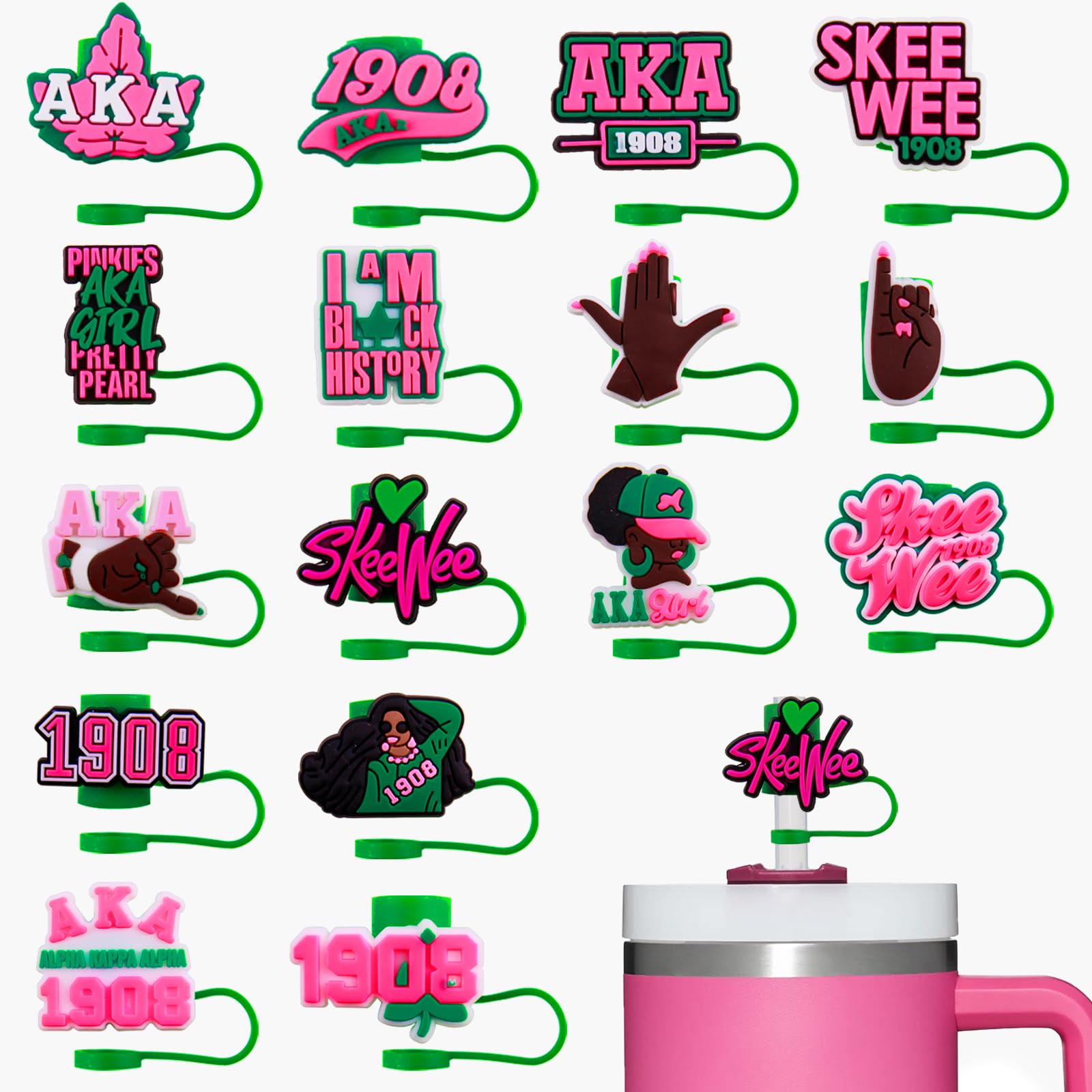 16Pcs Sorority Pink Straw Cover Toppers for Stanley 40oz Tumbler Black Girl Straw Cap for 0.4inch Straws Stanley Cup Accessories