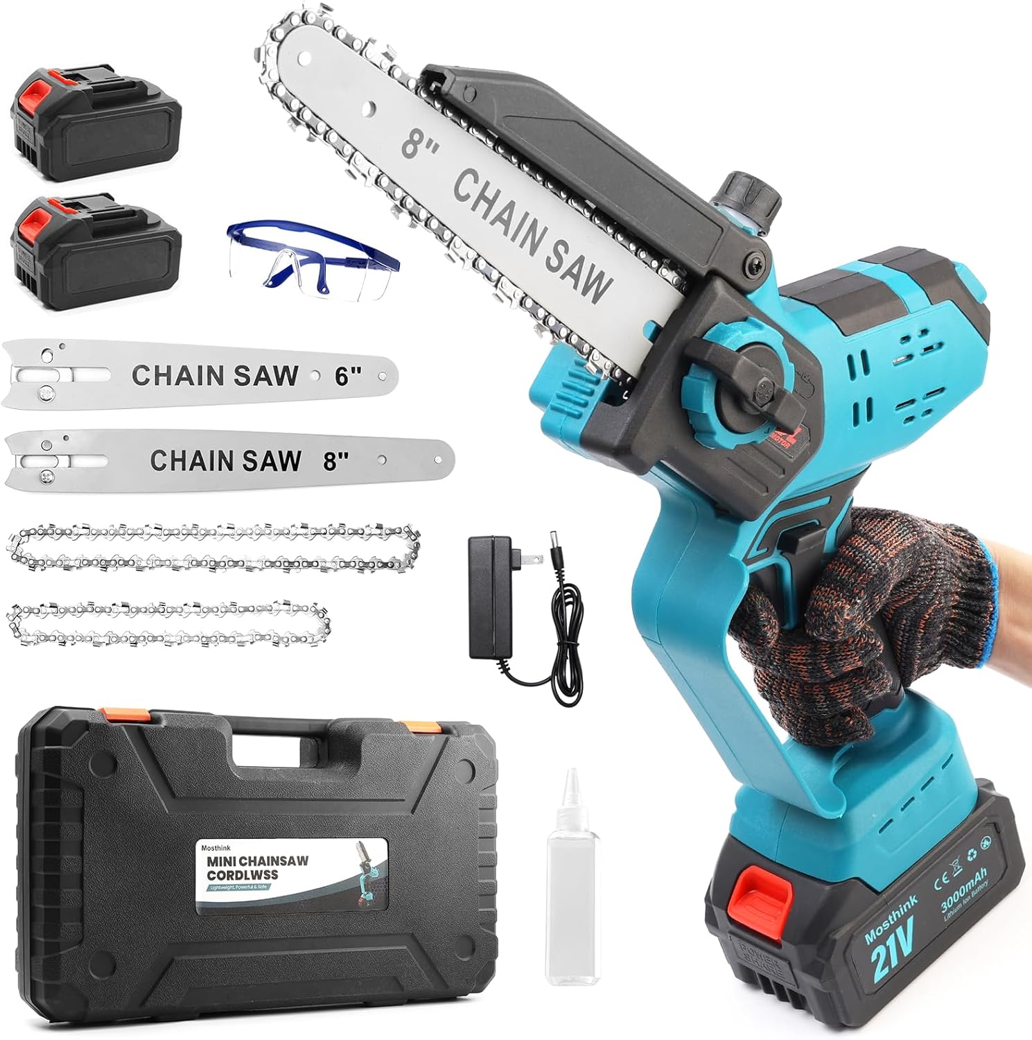 21V Brushless Mini Chainsaw Cordless, 8-Inch & 6-Inch Electric Chainsaw, 2 x 3000mAh Battery Powered Chain Saw, Portable Handheld Saw for Tree Trimming, Wood Cutting, Gardening Tool Gift for Men