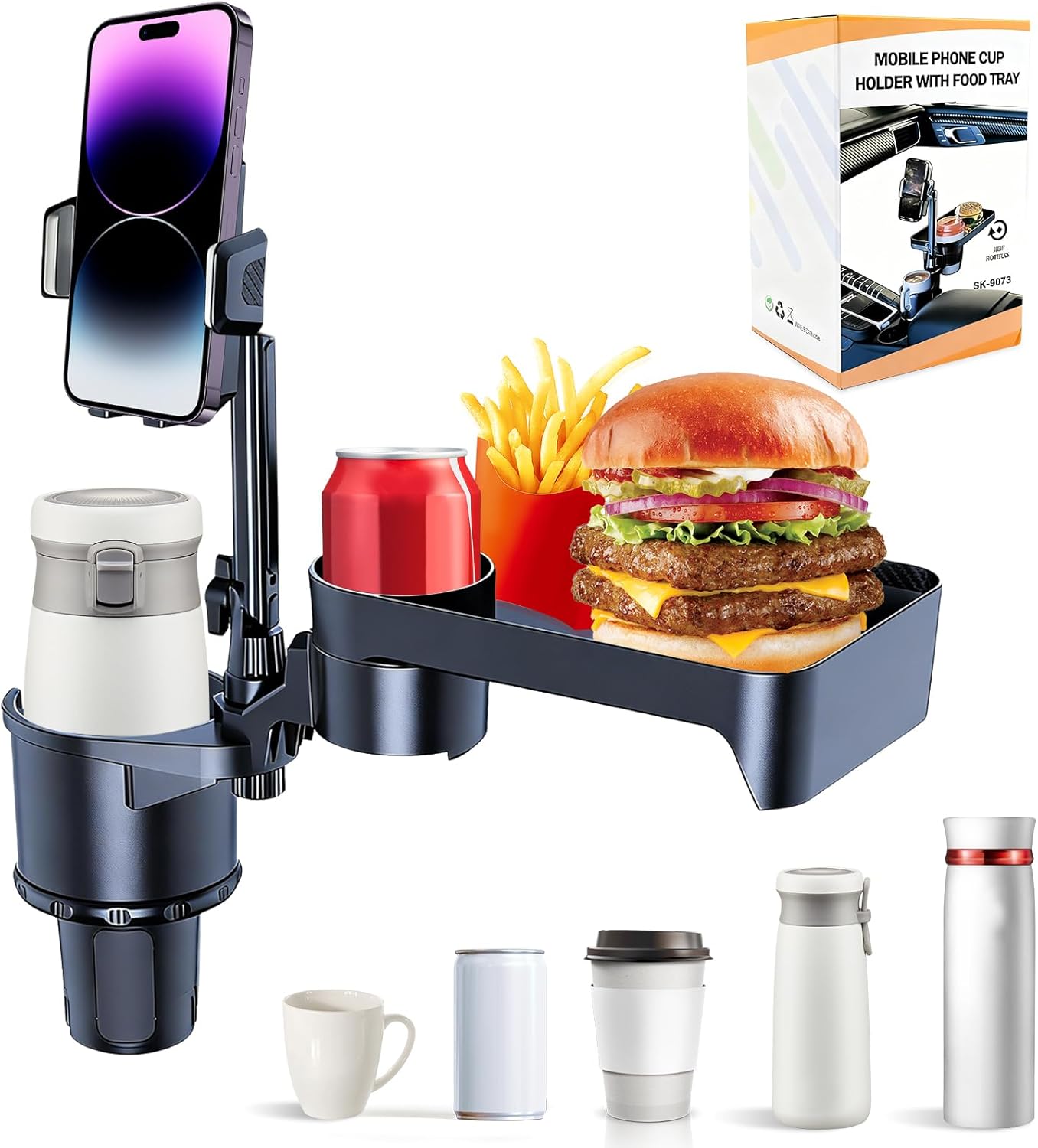 Car Cup Holder Tray, 4 in 1 Drink Holder Expander with Expandable Food Tray Table, for Road Trip Essentials & Daily Commute (Tray(9.05" * 5.7"))