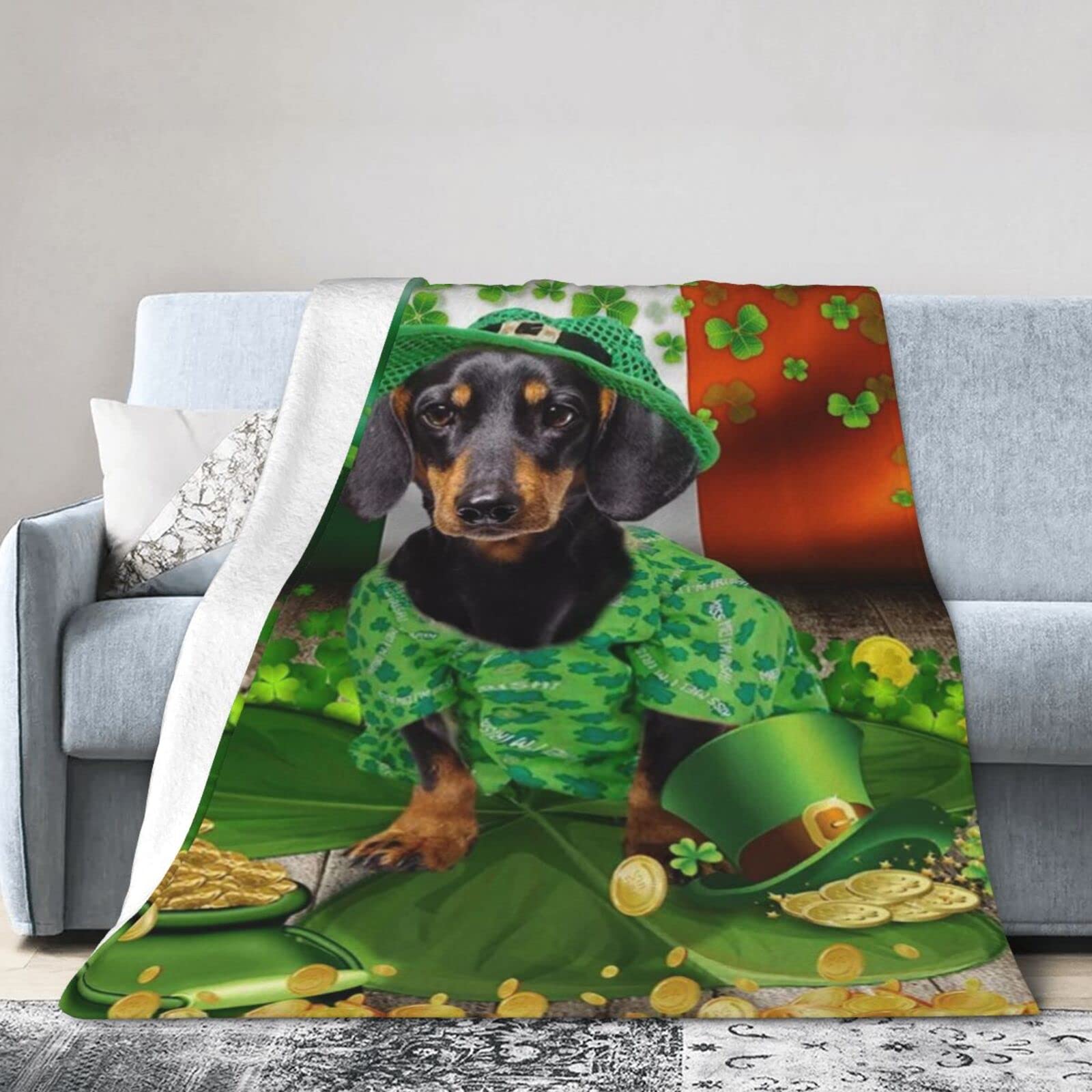 Lsjuee Flannel Fleece Blanket 50"X40" Dachshund St. Patrick‘s Day Sofa Throw Blanket Weighted Ultra-Soft Travel Spring Blankets for Adult Keep Warm