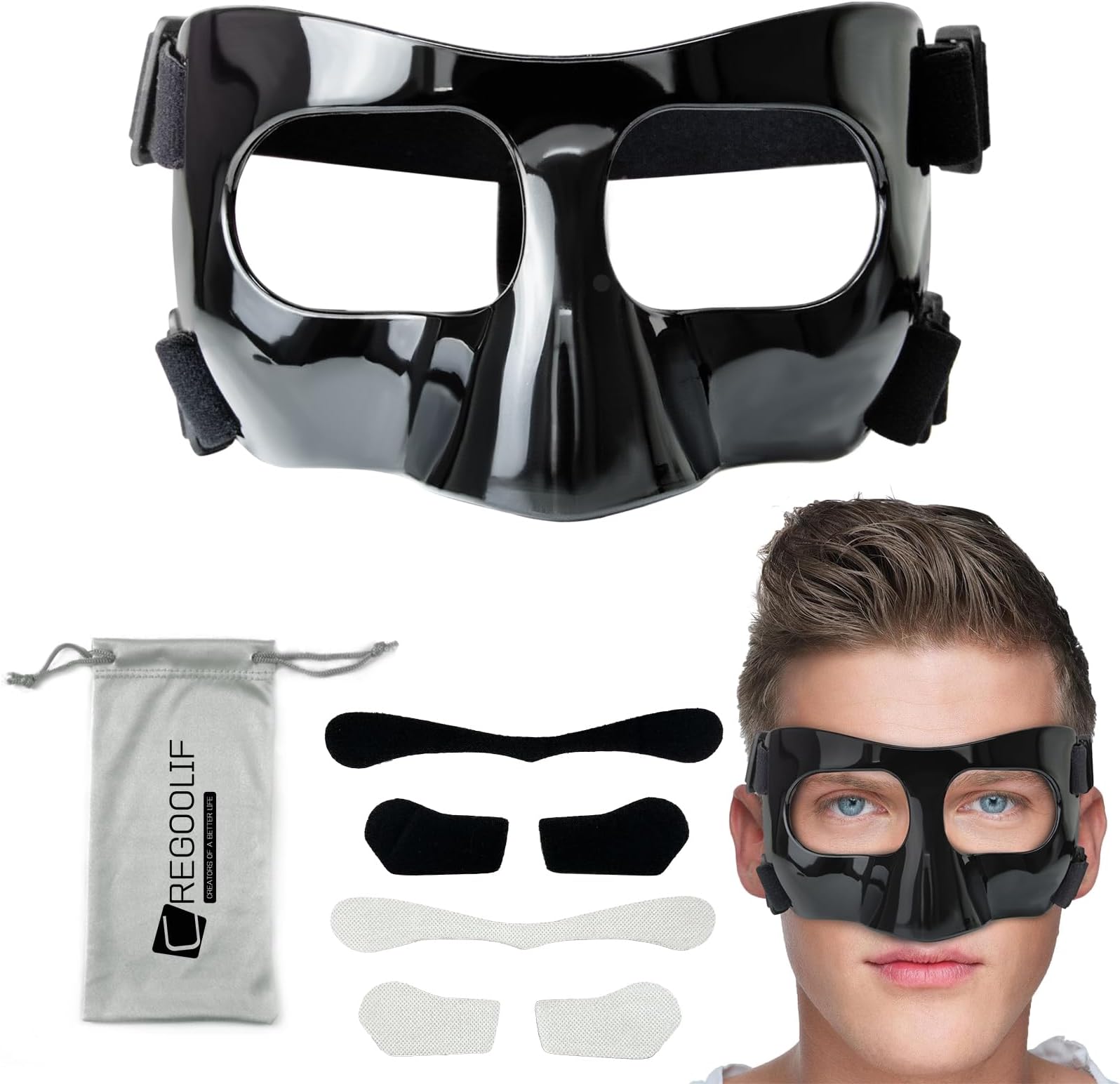 Nose Shield Protective Mask for Basketball and Football Sports Adjustable Mask with Foam Padding for Men and Women Black