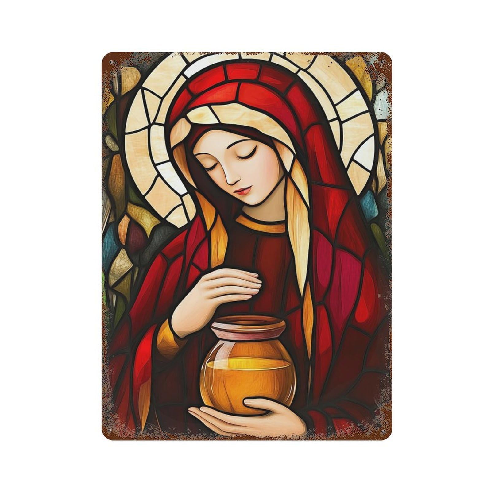 Mary Magdalene Stained Glass Rust Effect Tin Sign 15.7"x11.8", Ideal for Cafe, Home Bar And Lounge Decor