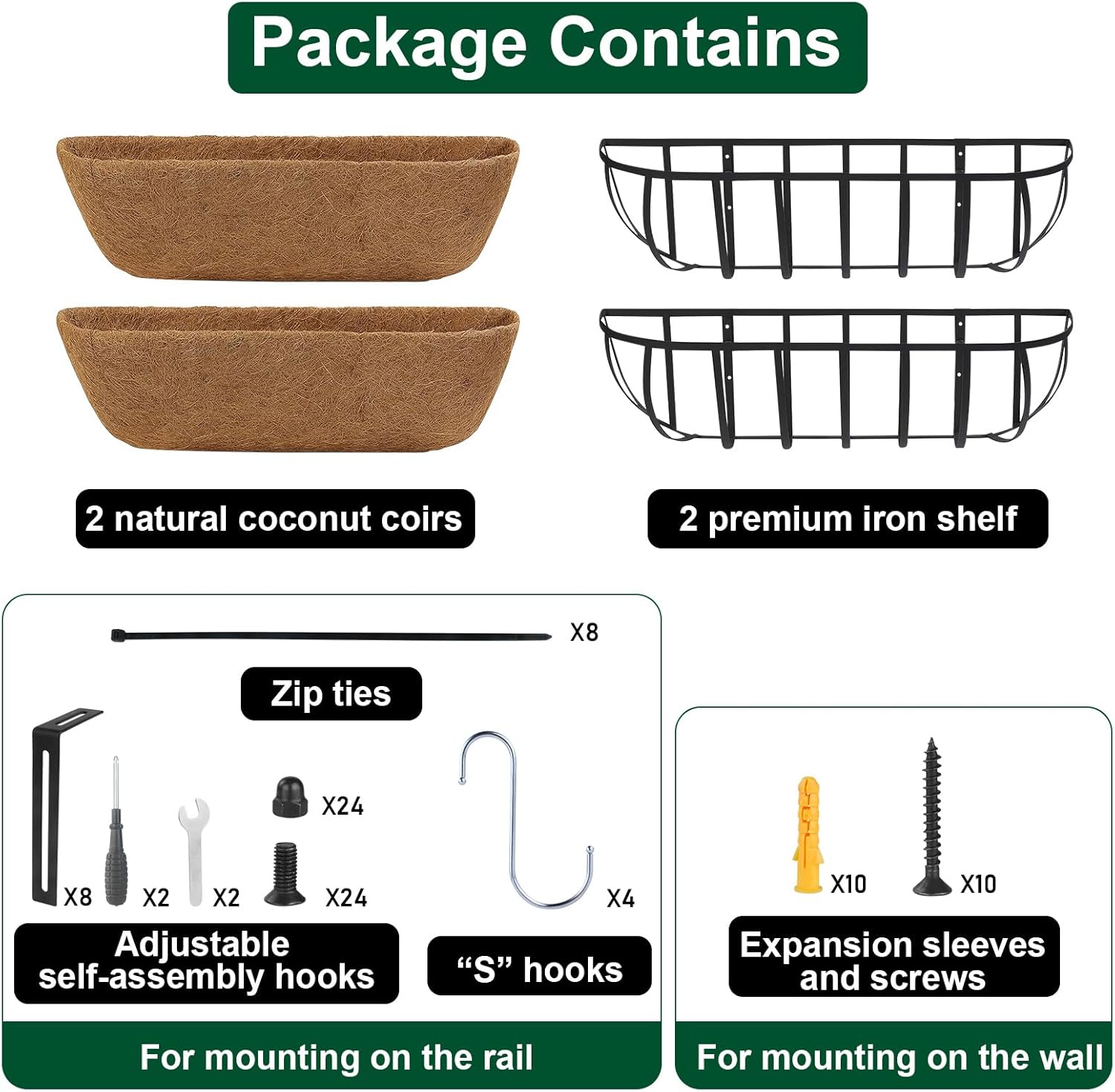 DUNCHATY Railing Planter Window Box 24 Inch 2 Pack - Horse Trough Planter with Coco Fiber Liner for Deck Balcony Porch Fence - Metal Outdoor Flower Box for Railing