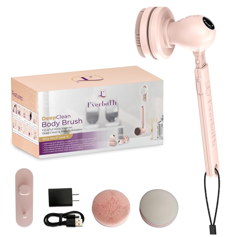 Escova elétrica para banho EverBath com visor LED, modos de rotação e vibração, braço extensível, porta USB-C, 2 cabeças, suporte e carregador